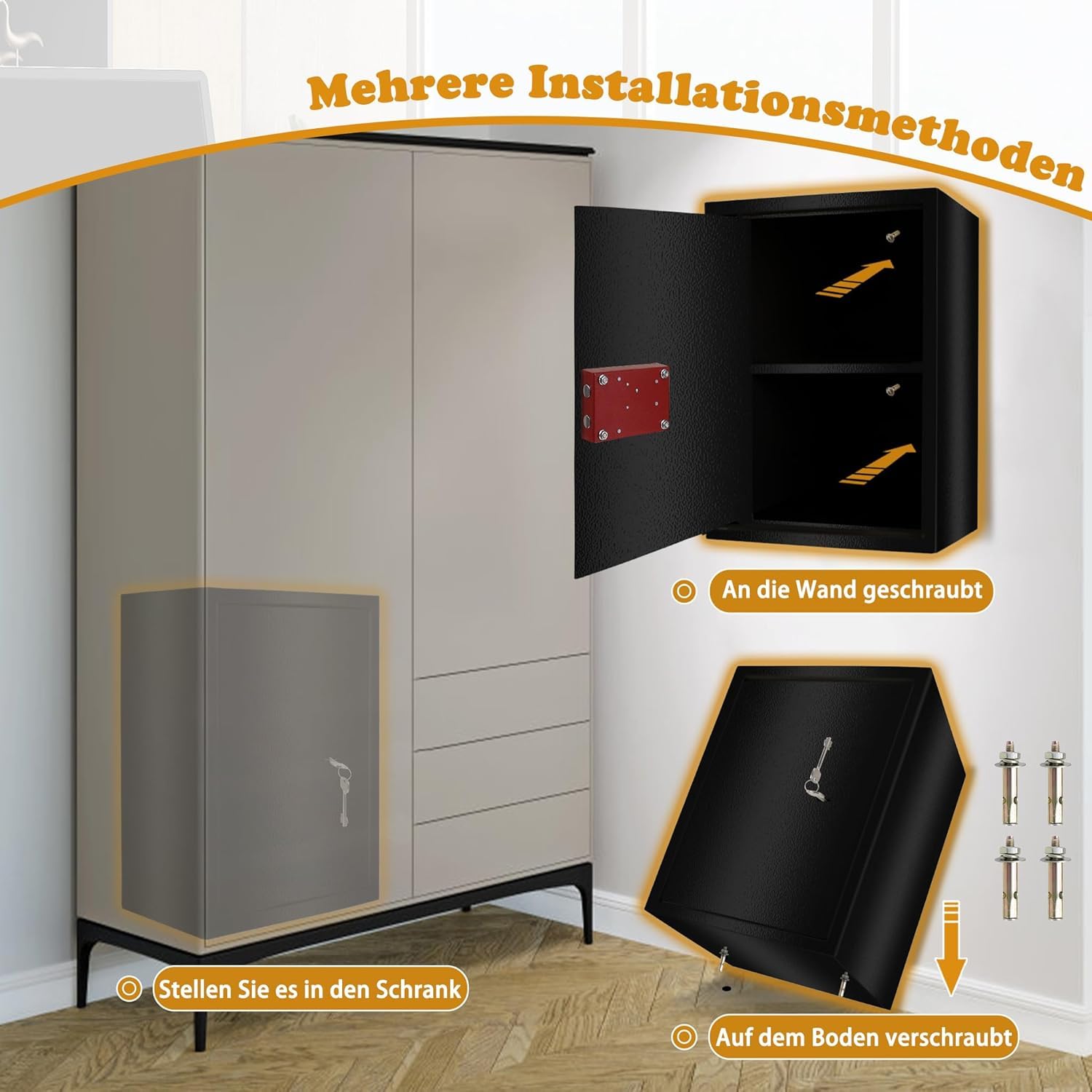 Tresor Safe Caja fuerte para muebles, caja fuerte para el suelo, caja fuerte de pared, XL, 35 x 50 x 31 cm, color negro | Con cerradura de doble barba, 2 llaves, incluye material de fijación