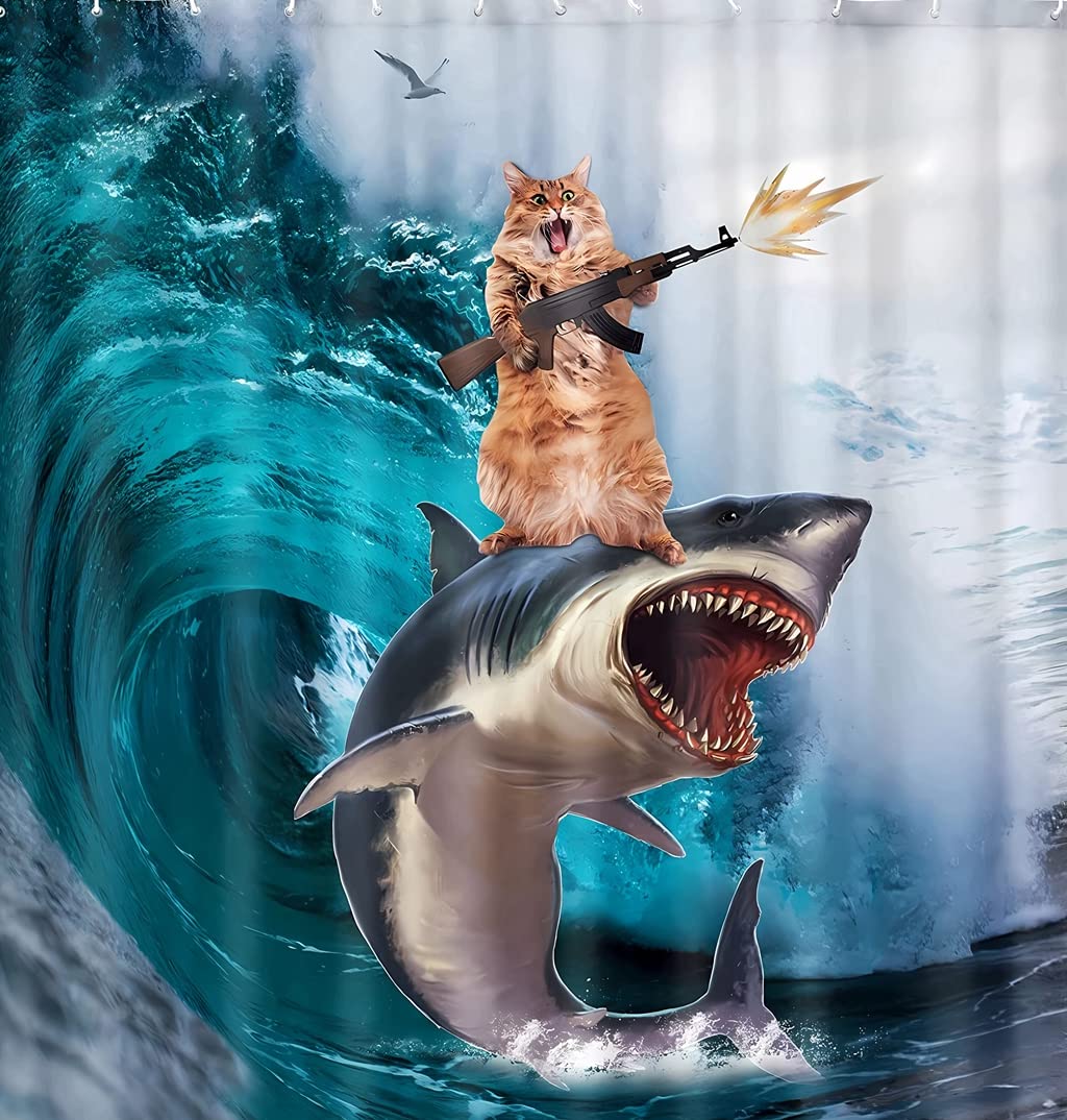 Dzmaimo Color-5 Funny Cat Shower Curtain For Kids Bathroom, Cool Cat Riding Whale Shark On The Great Ocean Waves Bathroom Decor With Hooks 72 X 72 Inch