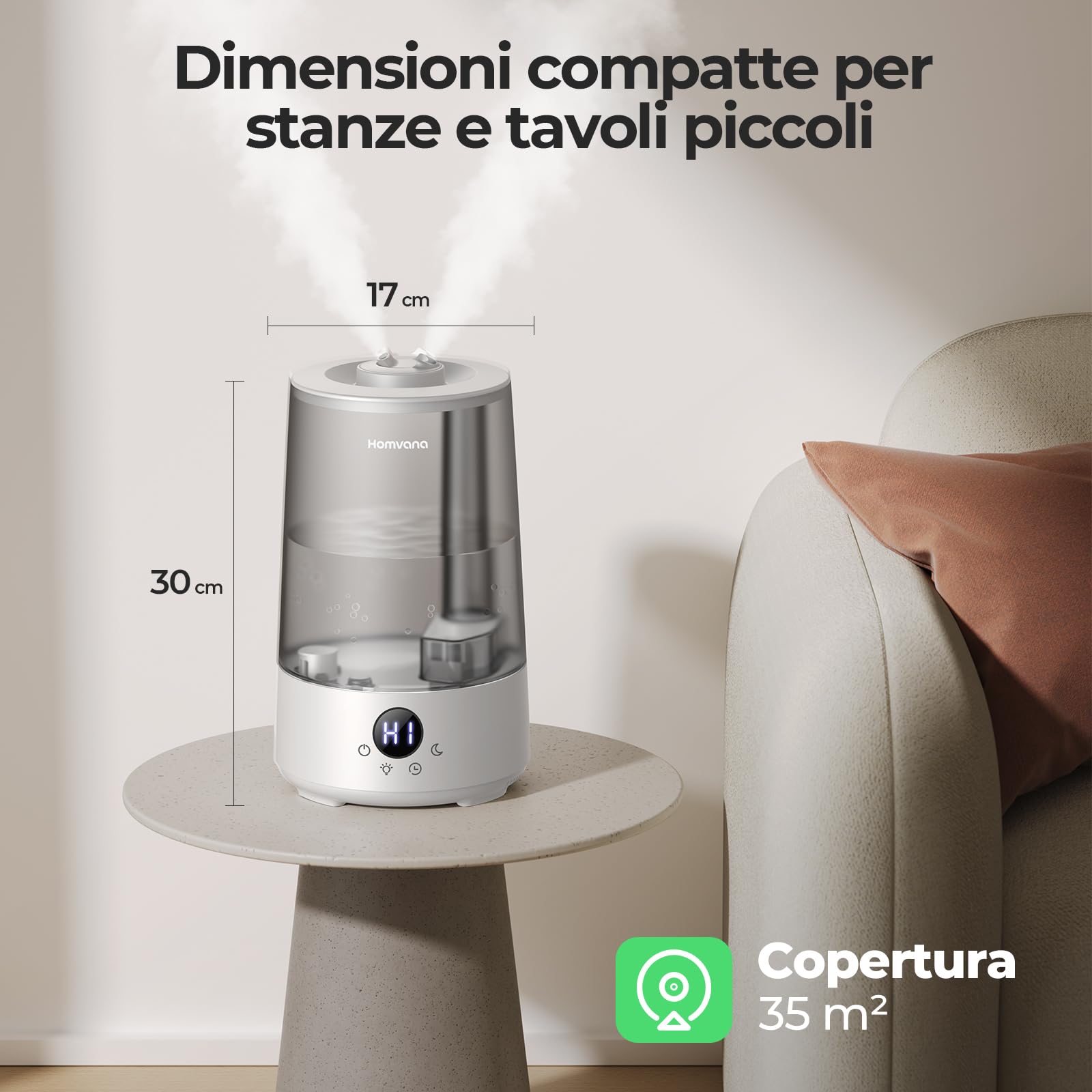 Umidificatore Ambiente Bambini Homvana 3.6L, 360°Cool Mist 16dB Silenzioso for Baby, Piante Dura da 34H, Auto Sleep Modo, con Luce e Aromaterapia Top-Fill, Facile da Pulire, Oli Essenziali (Grigio)
