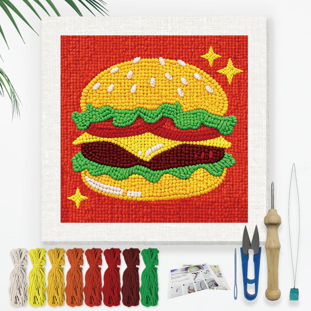 DOODLREAM Yummy Hamburger DIY Punch Needle Embroidery Kit for Adult Beginner, 24cm Cartoon Burger Fast Food Punch Stitching Craft Set for Starter with Frame Fabric Pattern Threader Yarn Pinch Needle