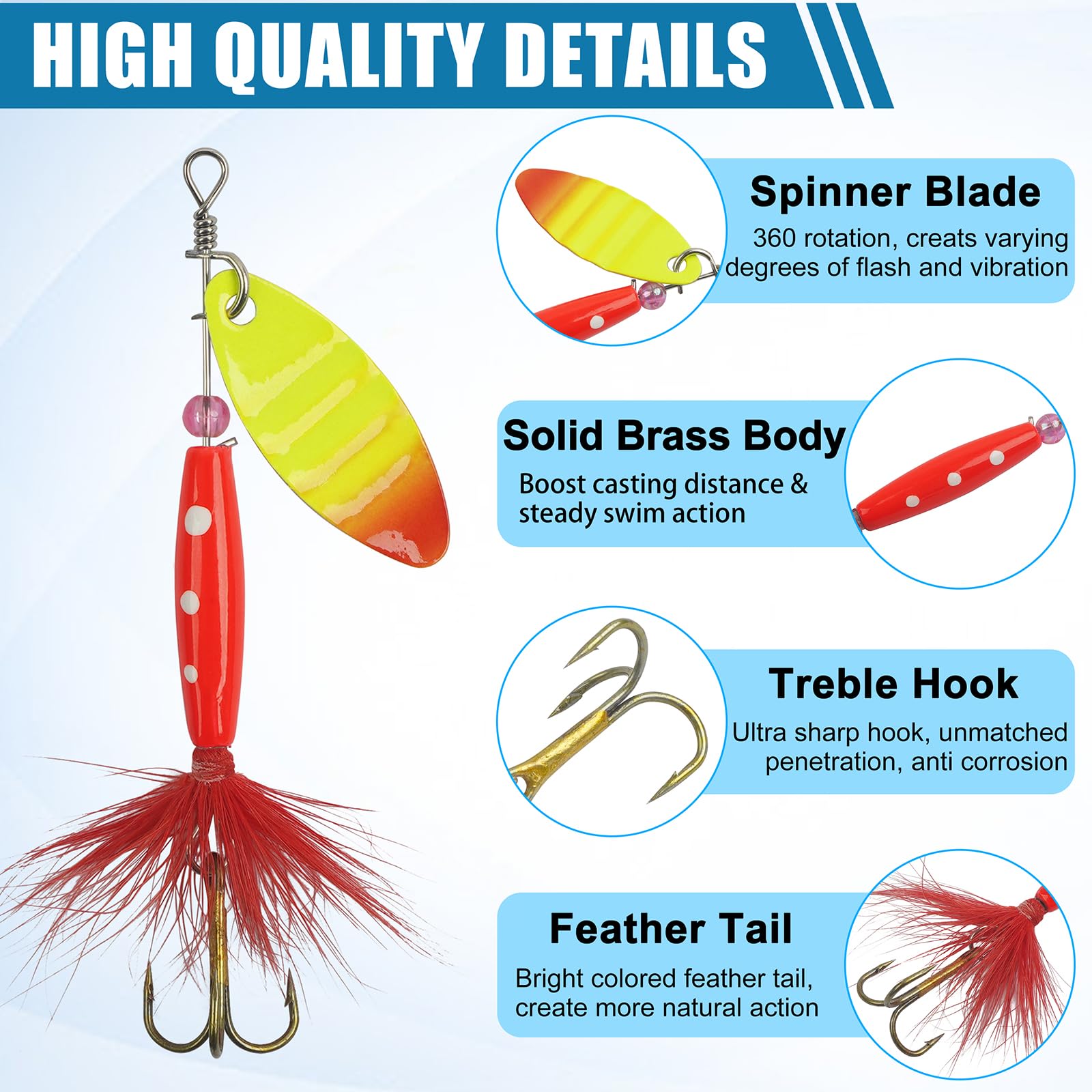 Spinner Baits Bass Lures Rooster Feather Tail Trout Lures Hard Metal Inline Spinner Bait Fishing Lure for Bass Salmon Trout (5pcs Spinnerbaits Kit)