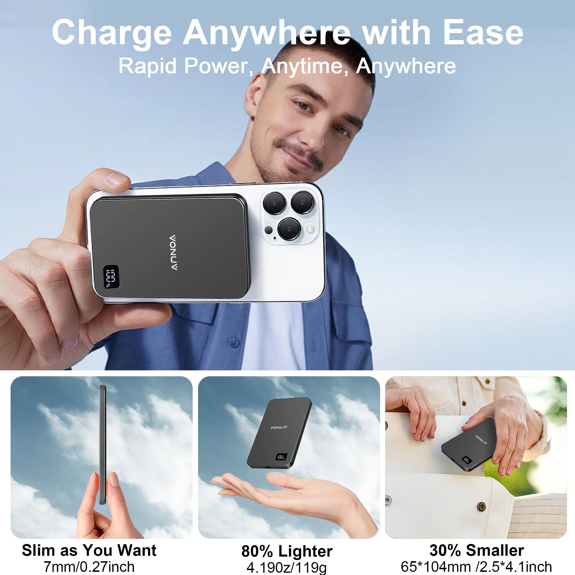 Cargador portátil magnético de 5000 mAh, 15 W, ultra delgado, cargador portátil inalámbrico, carga rápida para iPhone 16/15/14/13/12 Pro/Pro Max/Plus, carcasa de metal, cable USB-C para cargar otros