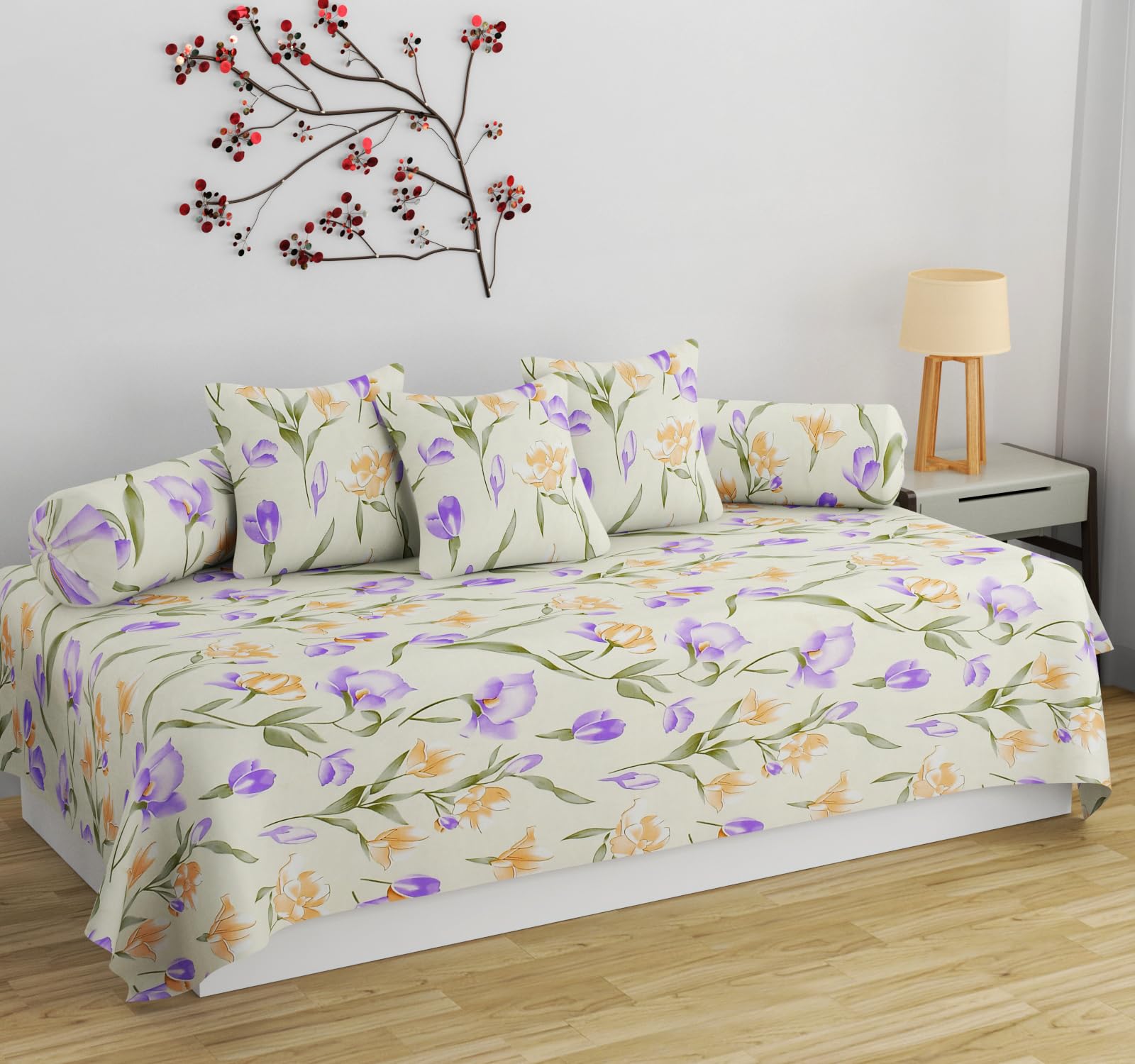 SHOMES Pure Soft Cotton Printed Diwan Set Covers 8 Pieces - 1 Single Bed Sheet (60 X 90) with 3 Cushion (16 X 16), 2 Bolster Covers (16 X 32) - Cream Purple Floral-image-29