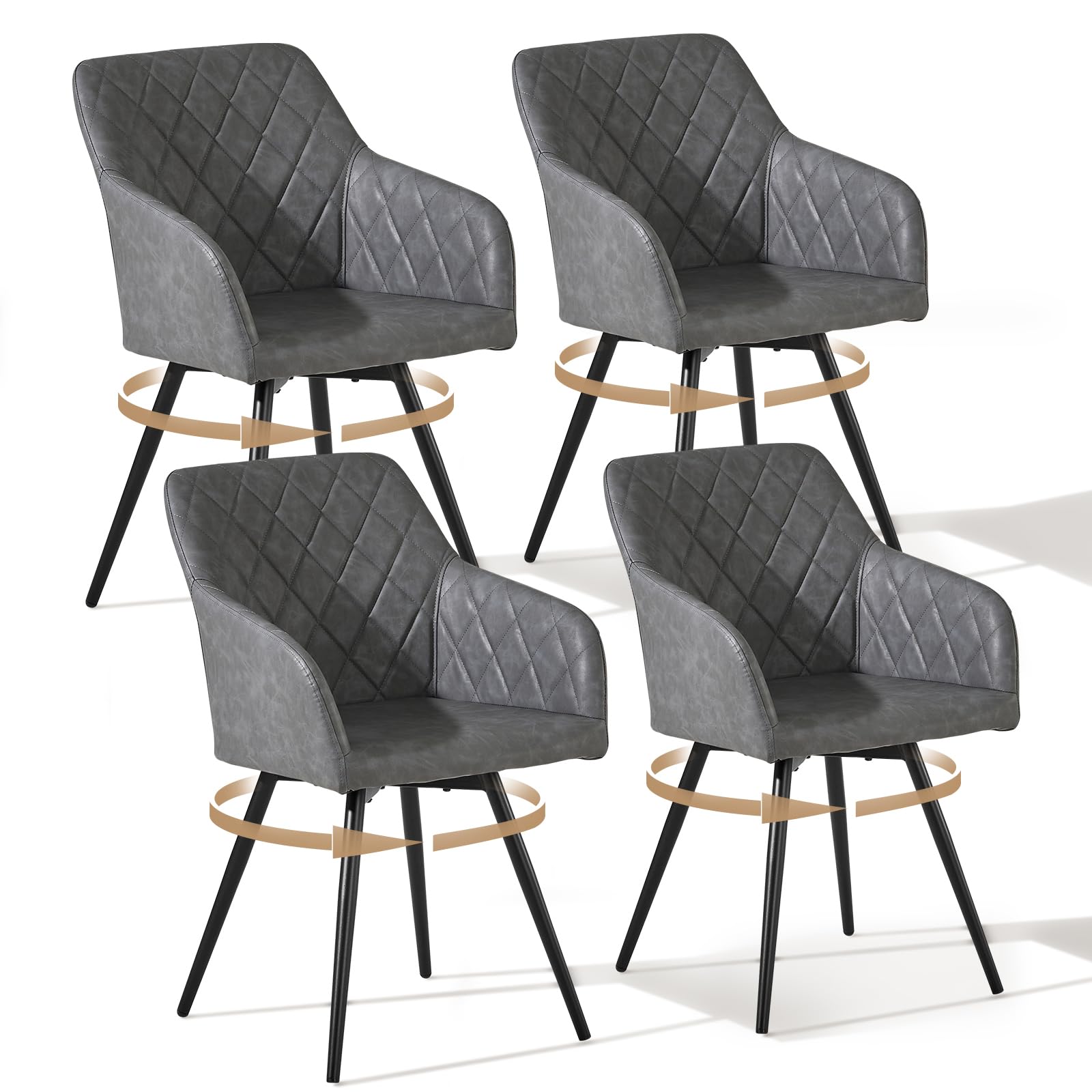 CLIPOP Faux Leather Dining Room Chairs 360 Swivel Seat with Arms Upholstered Kitchen Chair Set of 4 Metal Legs Armchairs for Living Room Bedroom Office (faux leather-light grey, set of 4)