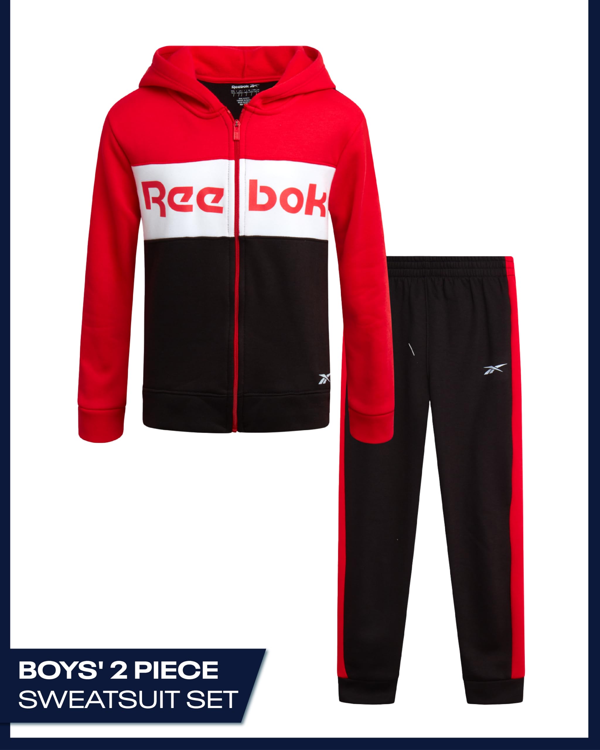 Reebok Kleinkind Jungen Trainingsanzug – 2-teiliges gemütliches Fleece-Outfit für Kleinkinder, Jungen, Outfits mit Reißverschluss und Kapuzen-Sweatshirt und Jungen-Jogginghose
