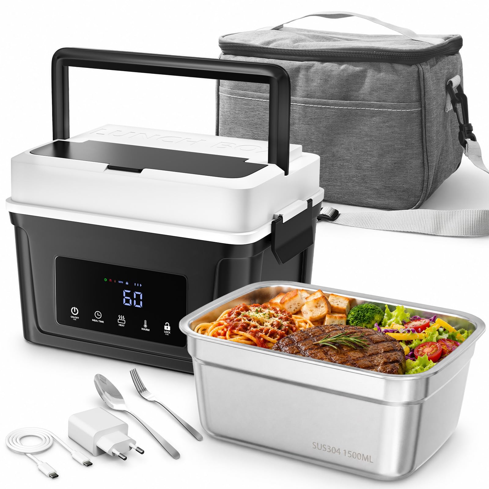 Gamelle Chauffante Batterie Lunch Box Chauffante 1,5L Inox | Lunchbox électrique sans fil 18000mAh avec minuterie programmable, bac inox amovible & sac isotherme pour bureau et camion