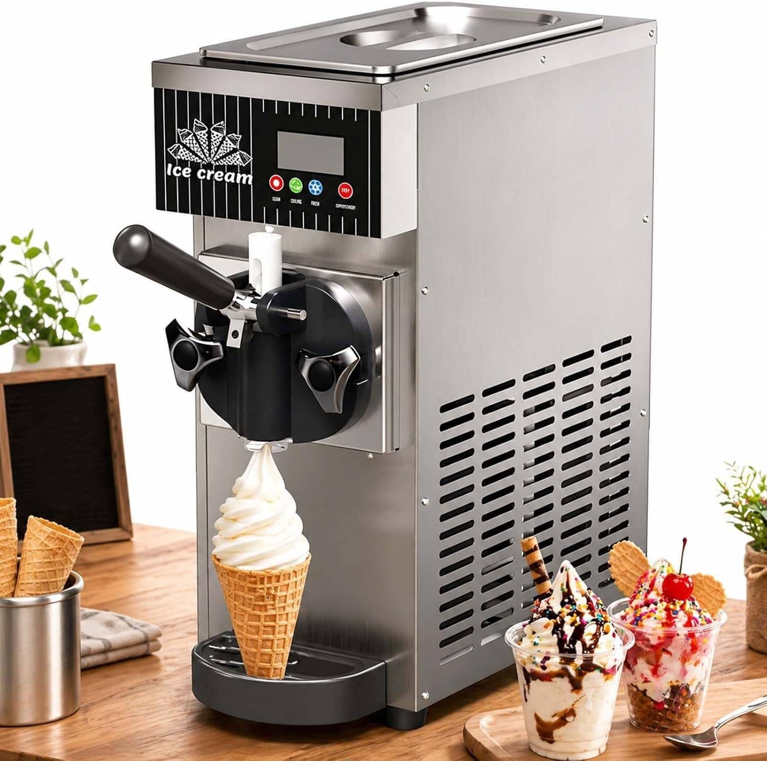 XUXIAO Commercial & Home Soft Serve Ice Cream Maker, LCD Panel Soft Serve Maker Single Flavor Soft Serve Ice Cream Machine, for Snack Bars Restaurants Silver