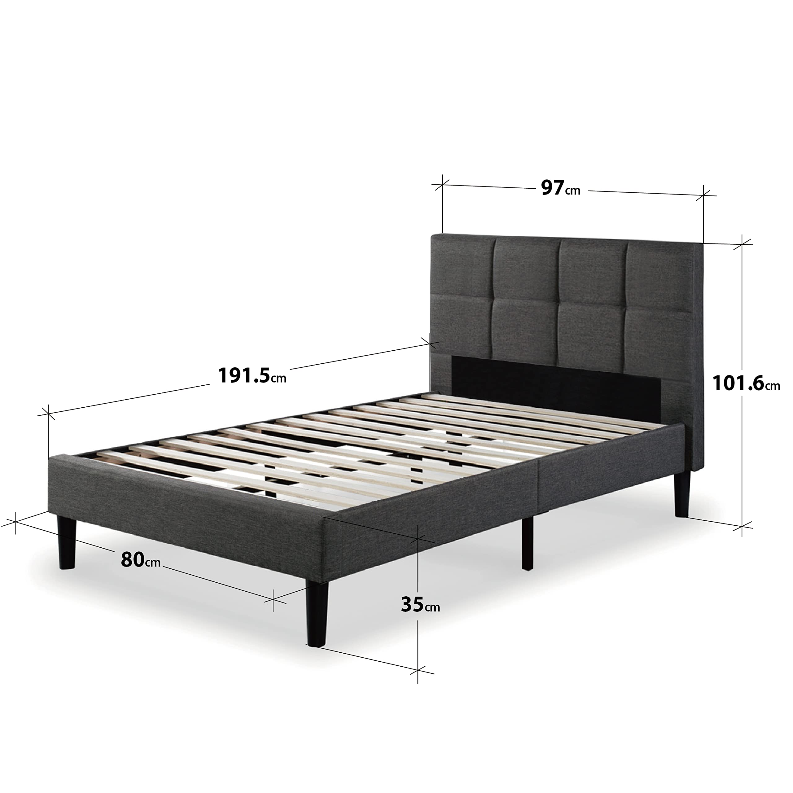 Zinus Lottie Letto 80x190 cm - Struttura letto 35 cm di altezza - Struttura letto imbottita con supporto a doghe in legno - Grigio