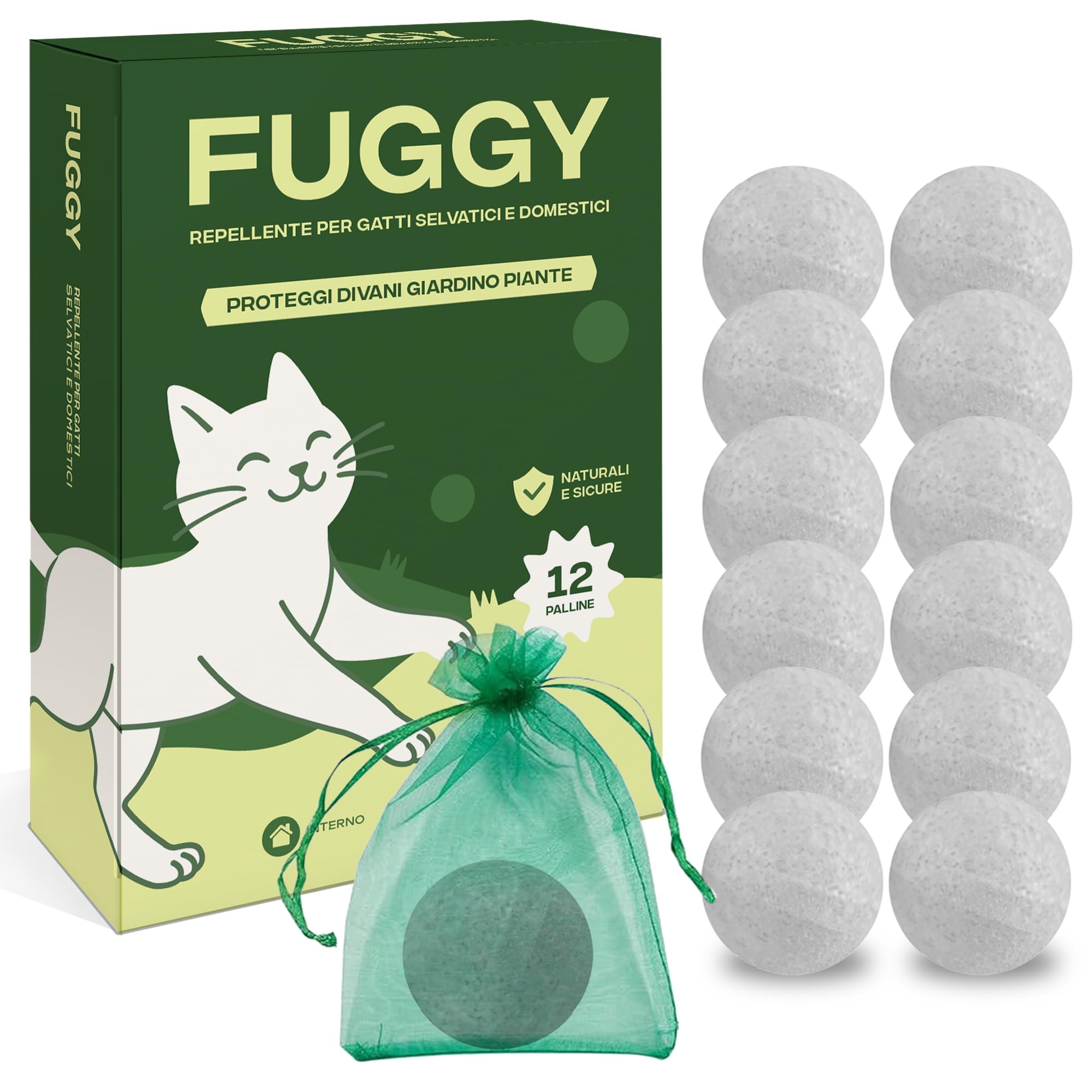 FUGGY - Repellente per Gatti Divano Naturale – Dissuasore e Disabituante Gatti per Interno ed Esterno – 12 Palline + 5 Buste – Anti Gatto Divano e Giardino