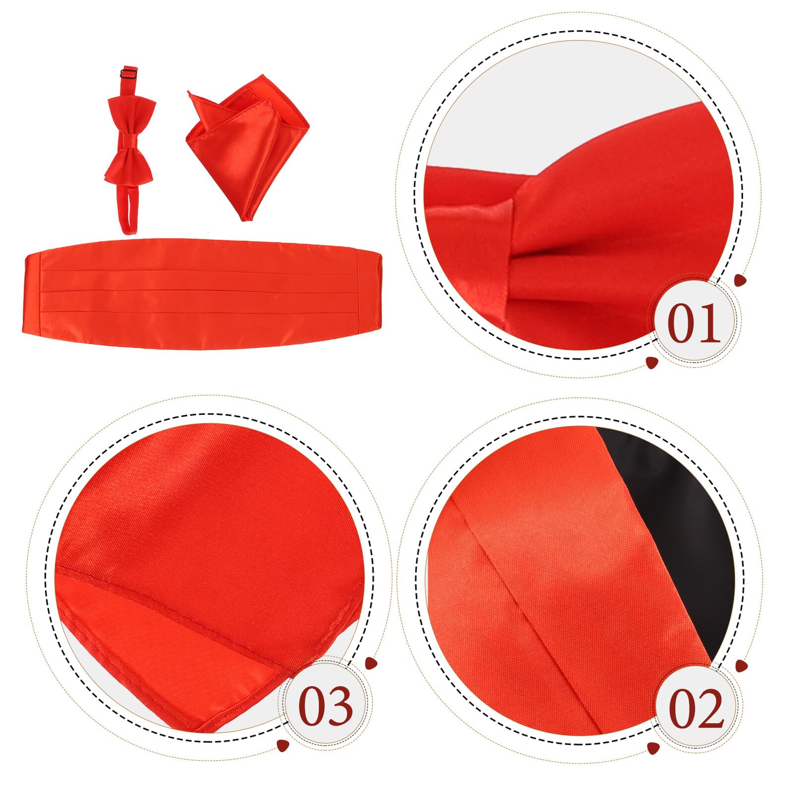 Ensemble 3 Pièces pour Homme Nœud en Satin Rouge Brillant, Ceinture de Smoking Ajustable 4 Plis, Mouchoir de Poche Polyester Entièrement Doublé pour Fête