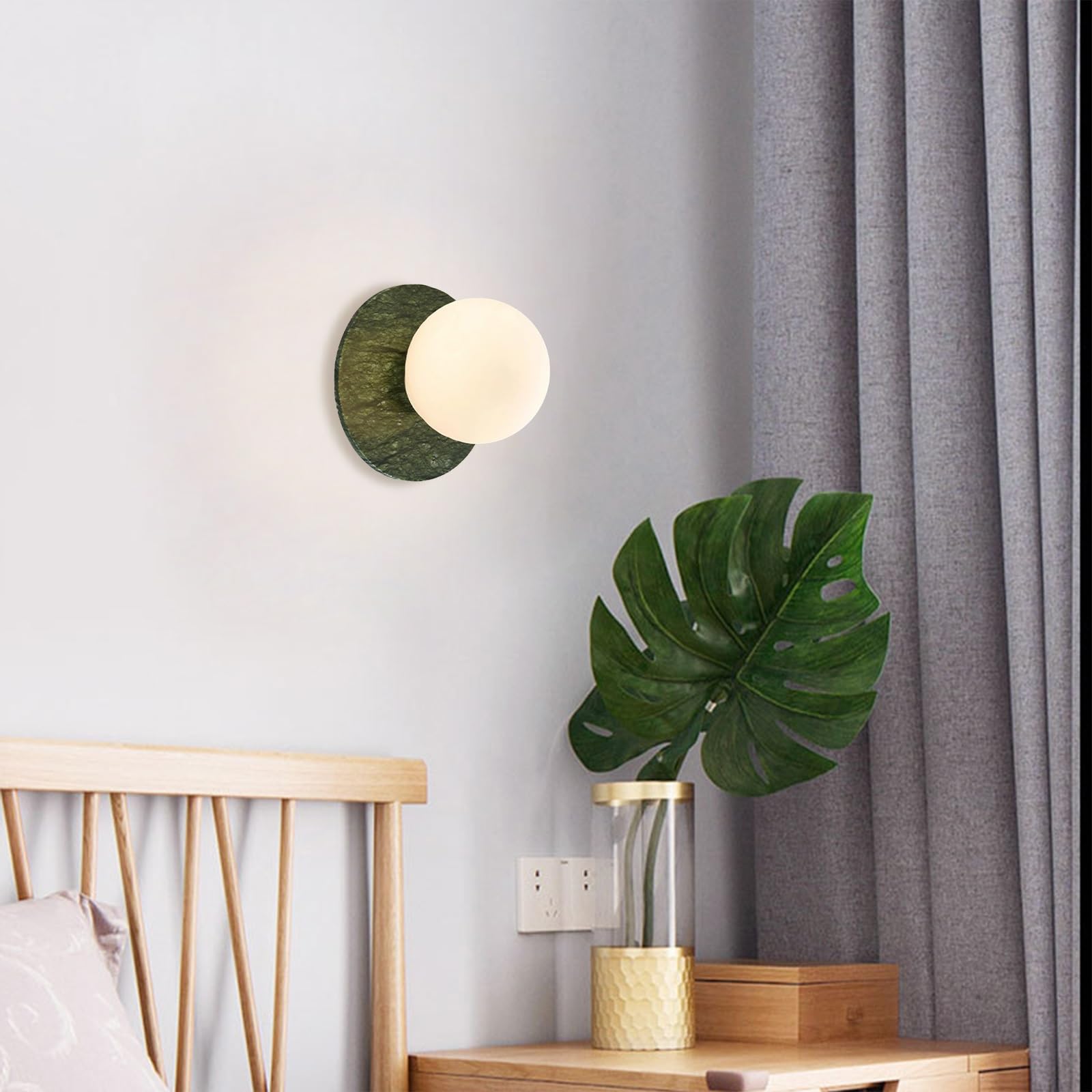 Kinkiet/lampa sufitowa z kamienia naturalnego, okrągła marmurowa oprawa ścienna z mlecznobiałym szklanym kloszem, dekoracja wnętrz w stylu nordyckim kinkiet do sypialni przy łóżku(Green)