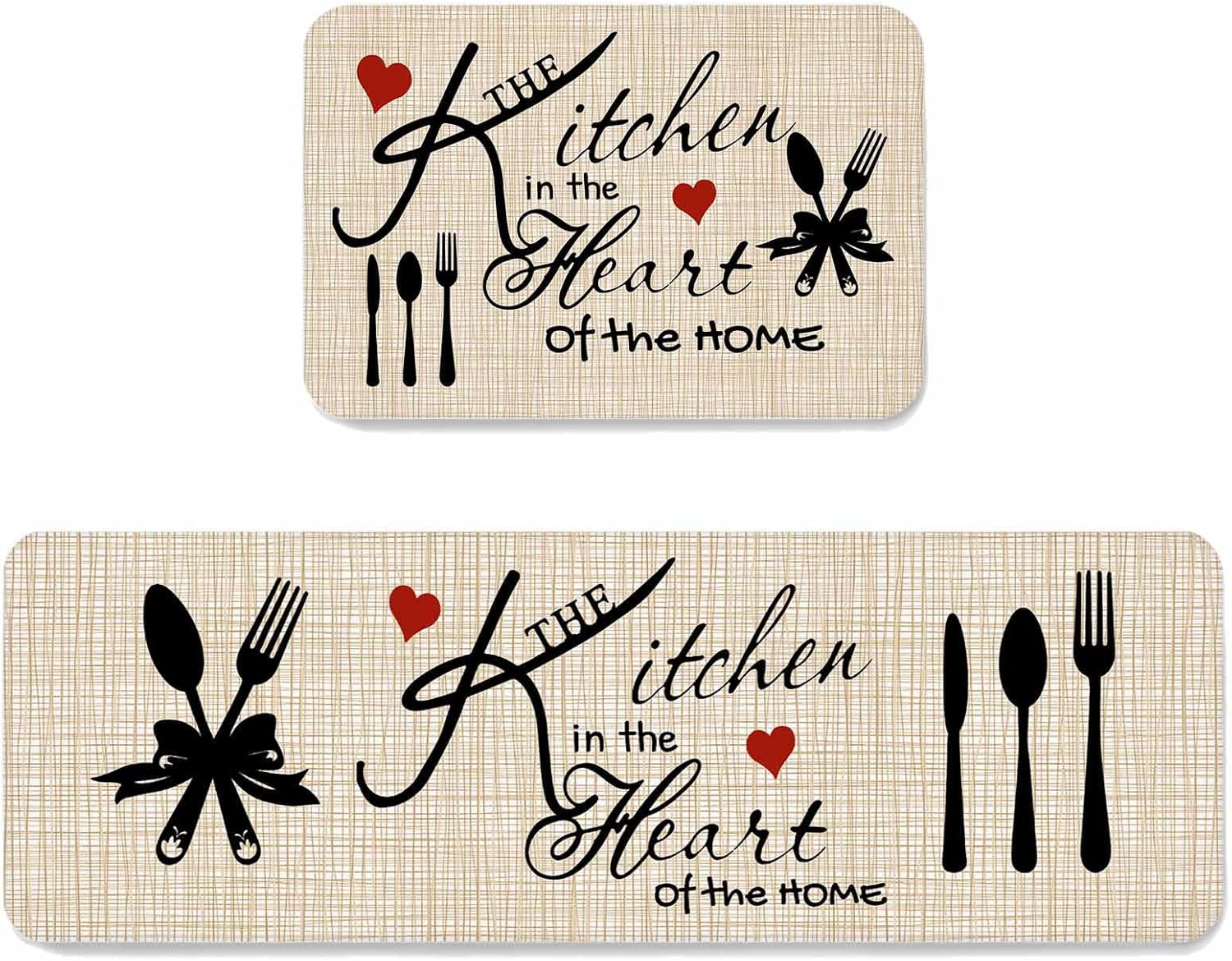Prime Leader Kitchen Tableware Kitchen Mat Set 2 Pieces Knife and Fork Red Love Heart Non Slip Kitchen Rugs Washable Runner Rug Mats for Sink Laundry (19.7" x 31.5"+19.7" x 47.2")