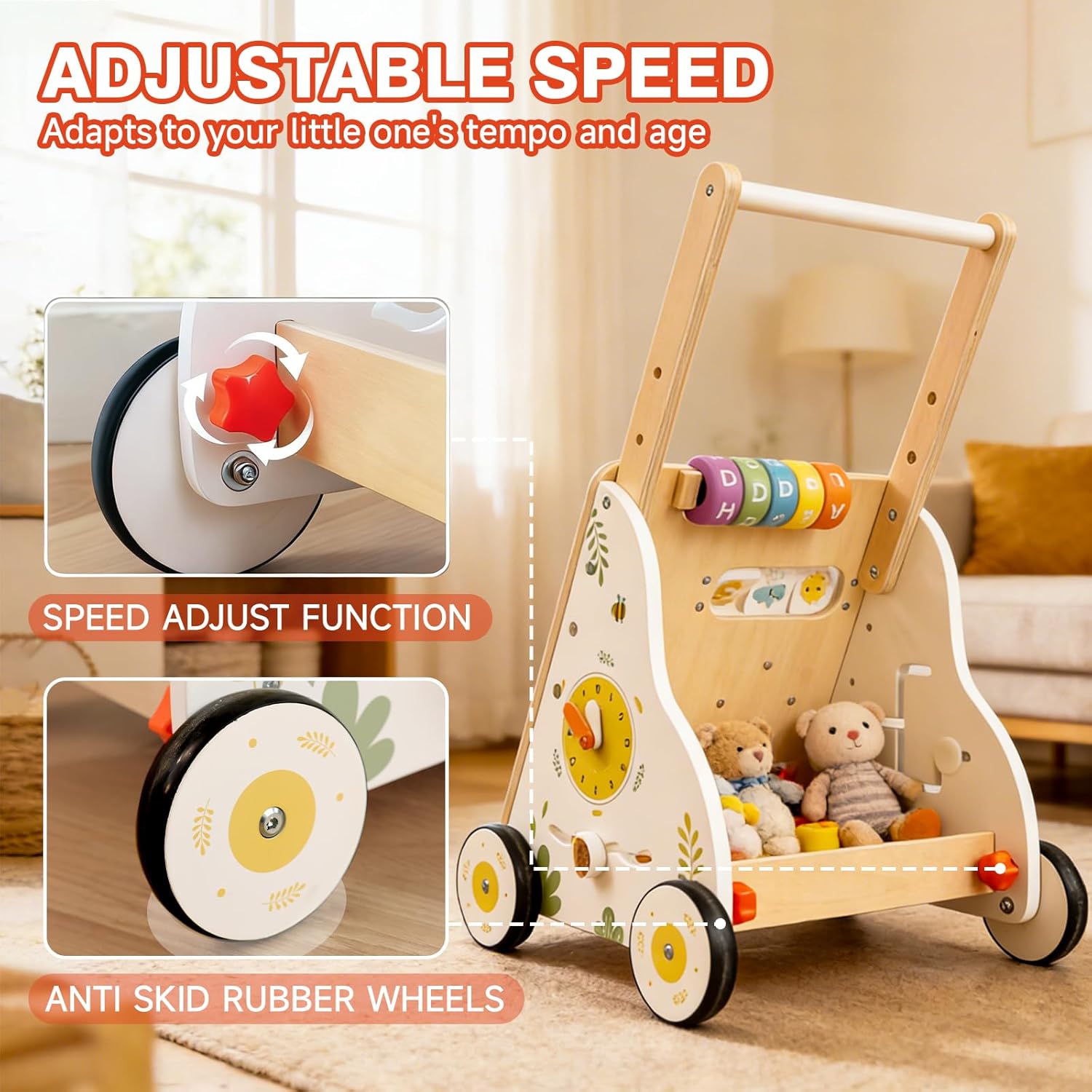 Wooden Baby Walker with Wheels, Baby Push Walker Adjustable Speed for Boys and Girls,Montessori Activity Center Walking Toys for 1 Year Old Learning to Walk,First Birthday Gift - Image 3