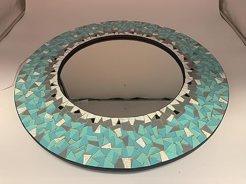 Miniatura 3 de Espejo decorativo hecho a mano con mosaico azul cielo y verde azulado, marco de 24 pulgadas, espejo redondo de 14 pulgadas para pasillo, dormitorio,