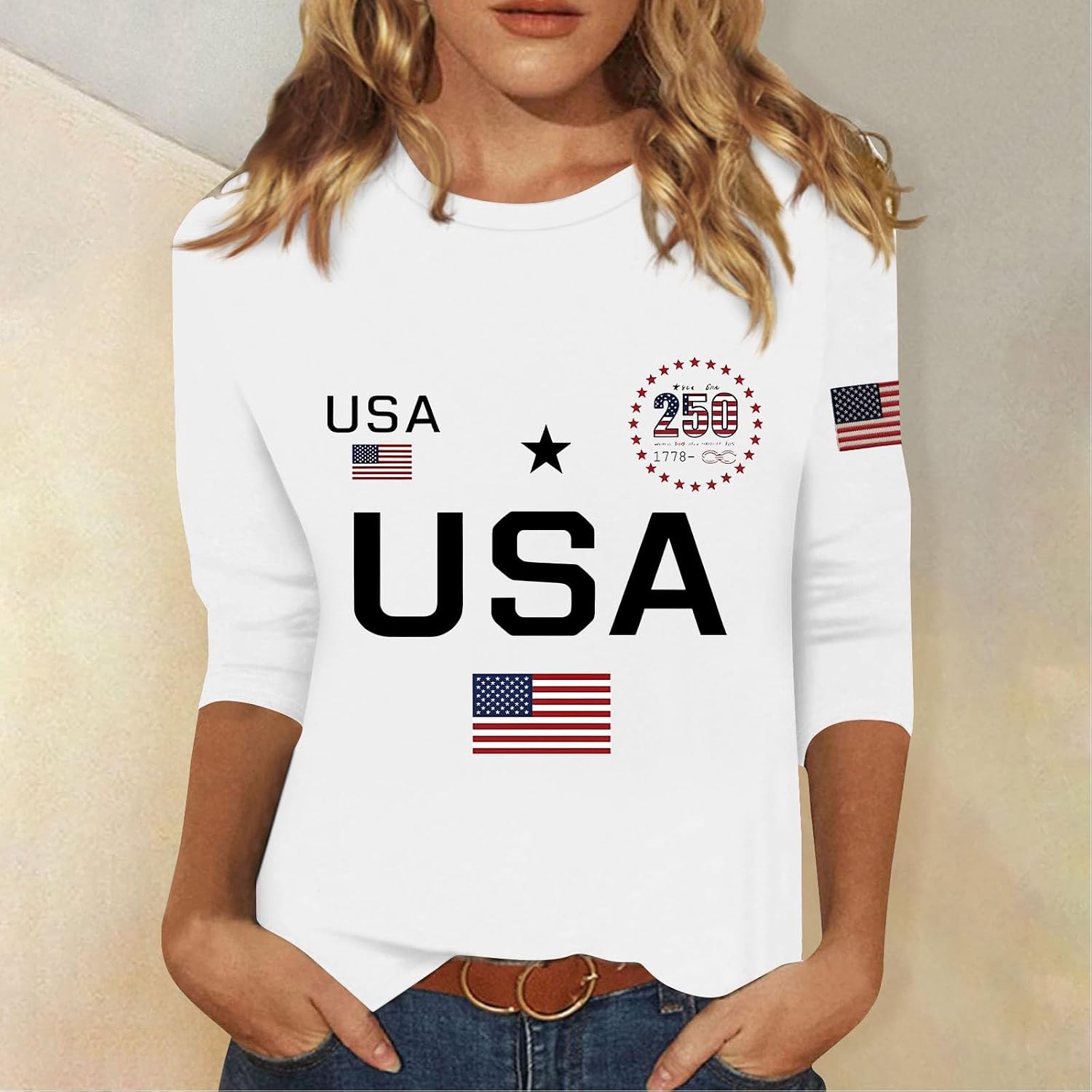 Womens 250 Years of Freedom Sweatshirt Plus Size American Flag 250Th Anniversary 3/4 Sleeve 1776 2026 USA Flag Tops