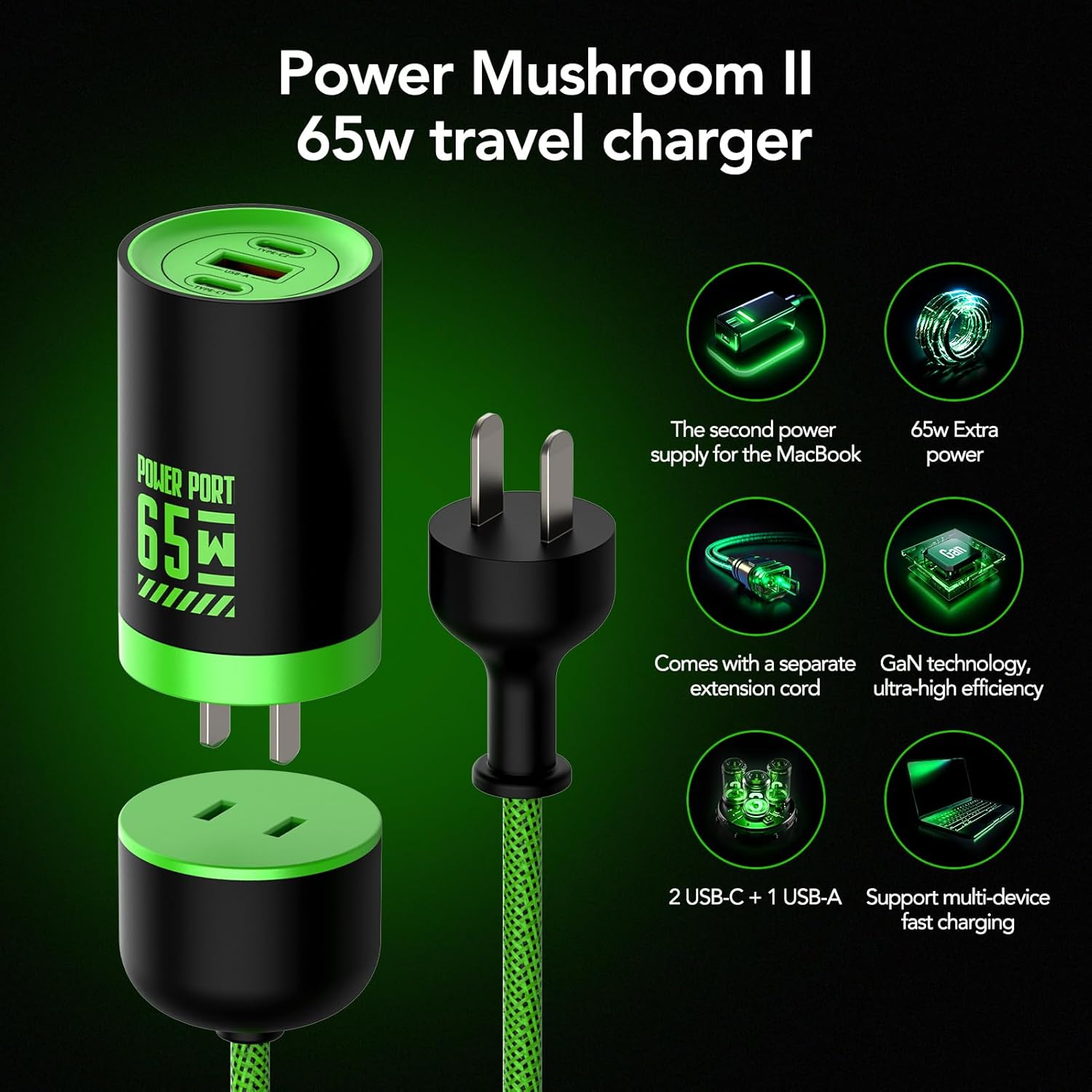 MFish 65W GaN Fast Wall Charger Block with 2 USB-C & 1 USB-A Ports, 5ft Nylon Extension Adapter – High-Speed Charging for iPhone, iPad, MacBook, Samsung Galaxy, and More Devices (Cyber Green) - Image 3