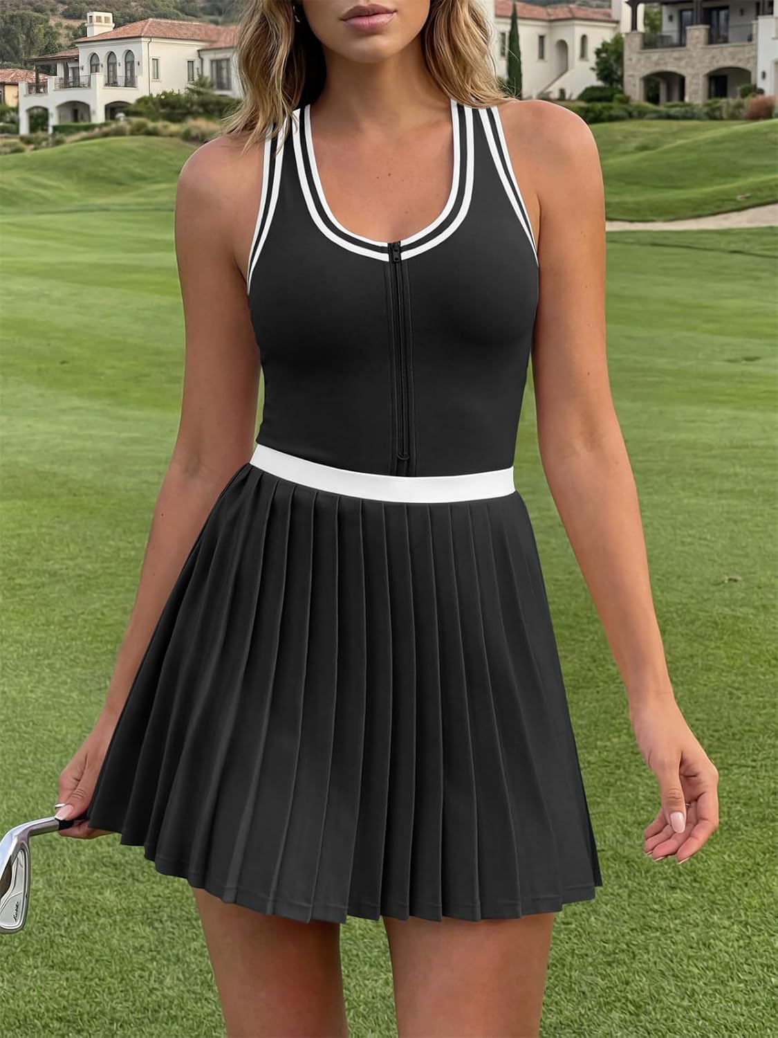 Fisoew Womens Tennis Mini Dress Half Zipper Racerback Athletic Workout Pleated Dresses with Built-in Shorts& Bra