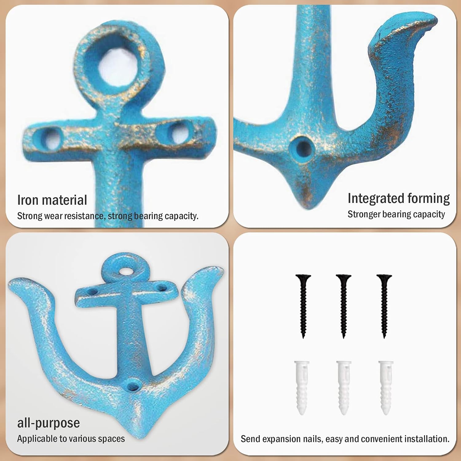 Notakia Vintage Rustic Cast Iron Nautical Anchor Design Wall Hooks Coat Hooks Rack, Decorative Wall Mounted Antique Shabby Chic Metal Towel Coat Hooks Hanger,Screws Included (4 PCS) - Image 3