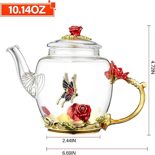 Miniatura 8 de Tetera de vidrio de 10 onzas líquidas  Decoración de mariposa de rosa azul, tetera de vidrio resistente al calor, tetera de hojas sueltas, tetera