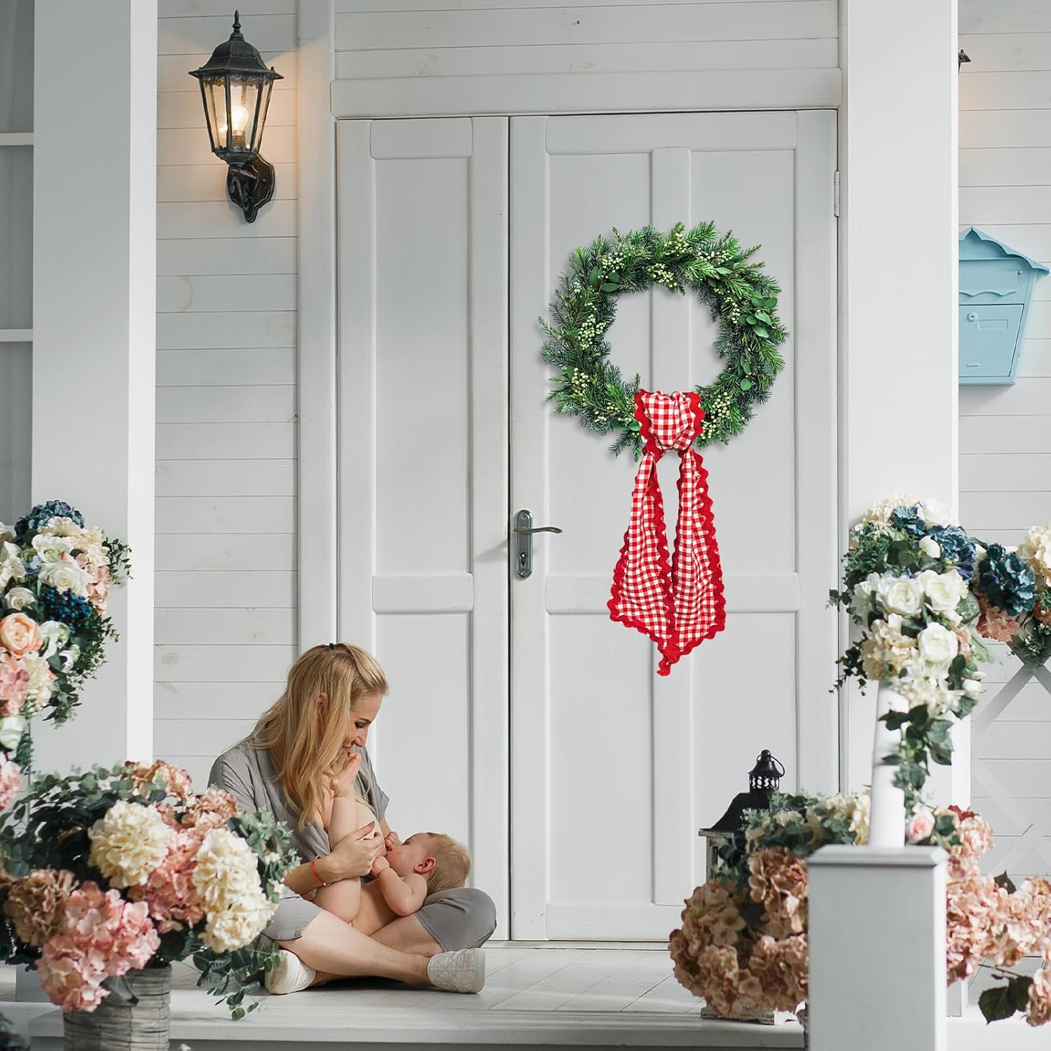 Wreath Sash for Front Door Red White Buffalo Plaid Cotton Wreath Satin Sash Garland Ribbon Accessories for Wreaths Yard Doorway Indoor Outdoor Bow Bridal Shower Home Decor,5.11 x 54.33