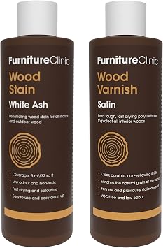 Furniture Clinic 8.5oz White Ash Wood Stain + 250ml Satin Wood Varnish | Water Based | Fast Drying, Low Odor, Non-Toxic | for Indoor & Outdoor Furniture and More