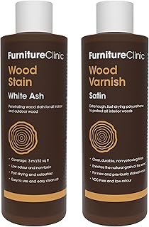 Furniture Clinic 8.5oz White Ash Wood Stain + 250ml Satin Wood Varnish | Water Based | Fast Drying, Low Odor, & Non-Toxic | for Indoor & Outdoor Furniture and More