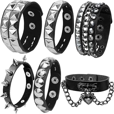 LAPOHI 6 PCS Leather Bracelets for Men Women Punk Goth Rock Spiked 80s Stuff Cool Metal Studded Accessories Black Cuff Wristband for Party Cosplay Night Club Sexy Gift Halloween