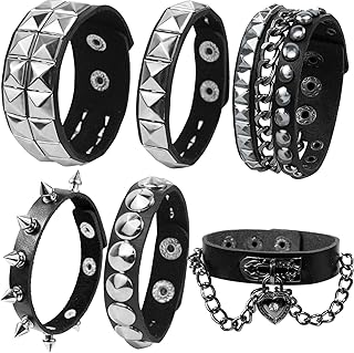 LAPOHI 6 PCS Leather Bracelets for Men Women Punk Goth Rock Spiked 80s Stuff Cool Metal Studded Accessories Black Cuff Wristband for Party Cosplay Night Club Sexy Gift Halloween