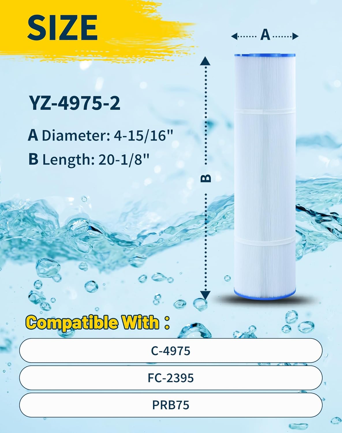 C-4975 Spa Filter Cartridge Replaces for Unicel C4975, PRB75, Rainbow RTL-75, Filbur FC-2395, 25390, R173435, 17-2632, Darlly 40751, 75 sq.ft Hot Tub Filter, 2 Pack