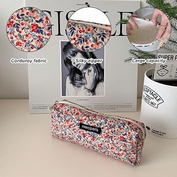 PLUSHCEWT Aesthetic Corduroy Pencil Case for Girls Women Teenage, Cute Pencil Pouch, Large Capacity Pen Storage Organiser for School, College, Office Supplies, Cosmetic Bag for Travel (Floral)