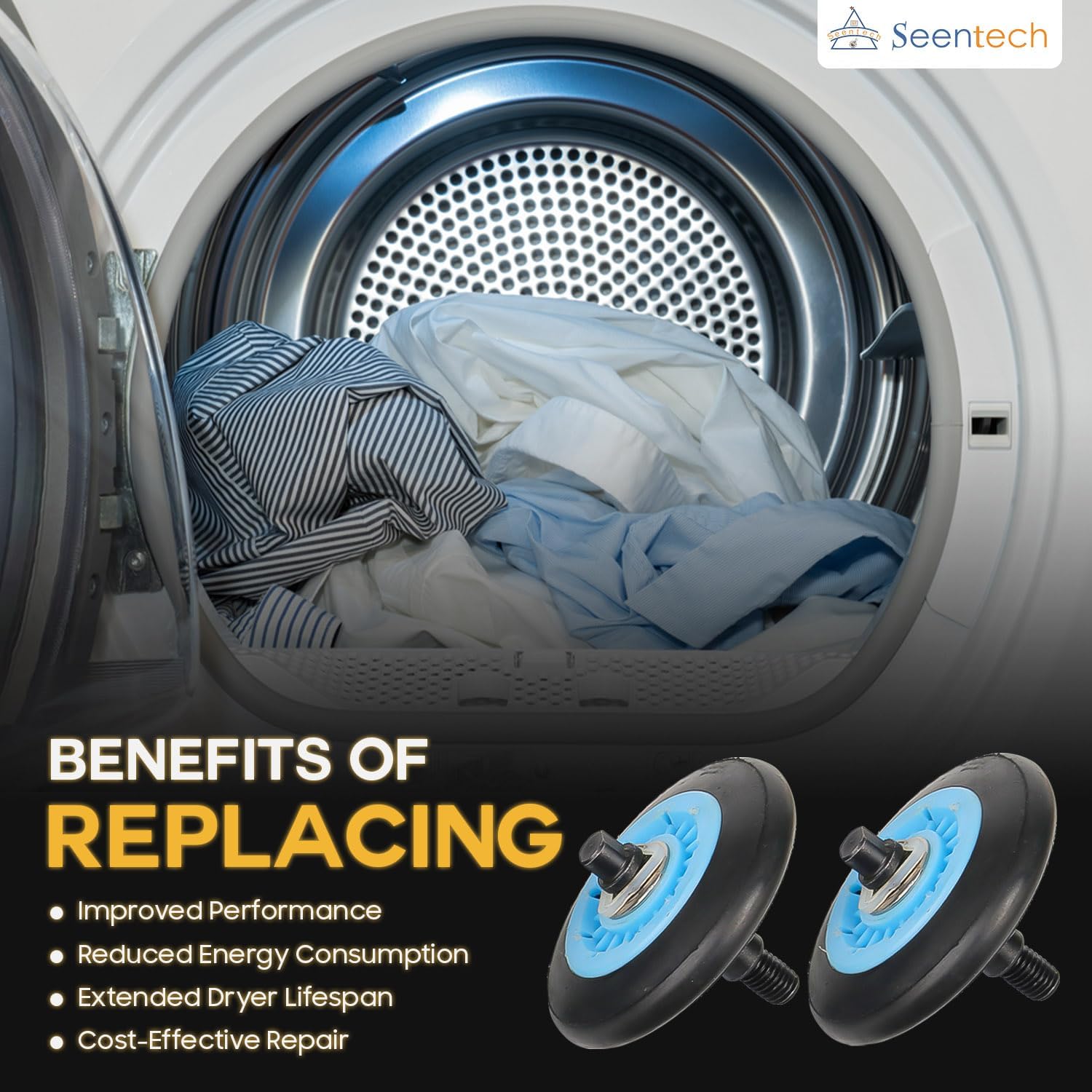 Seentech UPGRADED Dryer Repair Kit – Compatible with Sam-sung Dryers – Includes DC97-16782A Drum Roller, DC93-00634A Idler Pulley, 6602-001655 Drive Belt,Tension Spring – Replaces AP5325135, PS4221885