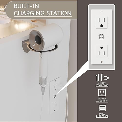 Miniatura 4 de Tocador blanco con espejo iluminado de 23.5 pulgadas, escritorio de tocador con parte superior de vidrio con 9 cajones y bombillas Hollywood de 3