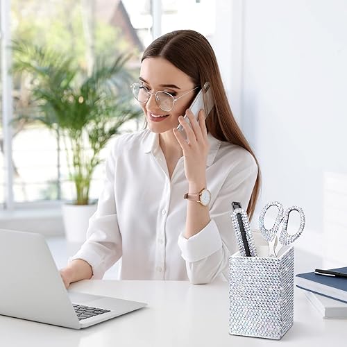 Miniatura 10 de Juego de 7 piezas de accesorios de escritorio brillantes con cristal con purpurina para mujer, dispensador de cinta de diamante, grapadora de