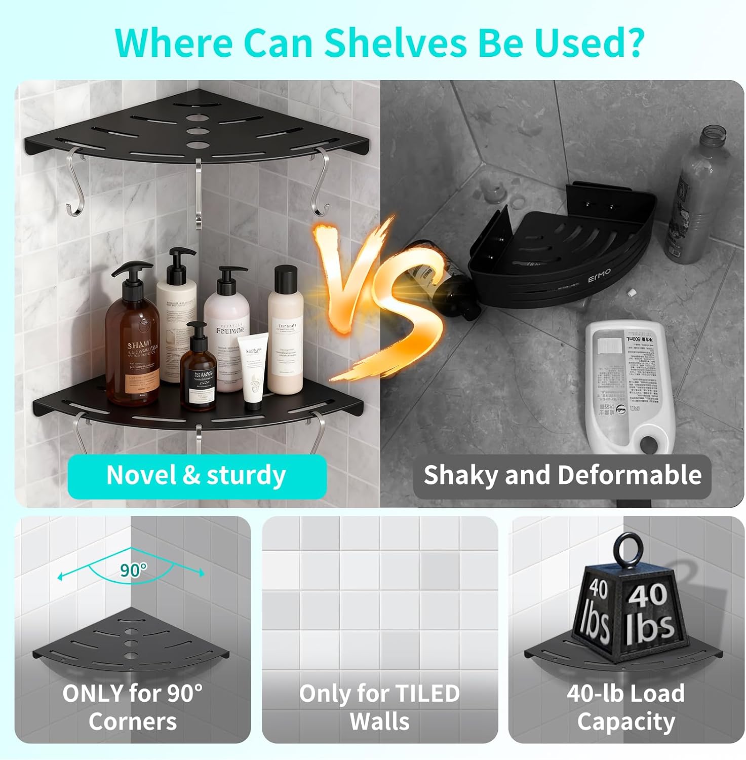 2 Pack Shower Corner Shelf 304 Stainless Steel Shower Caddy Bathroom Black image 5