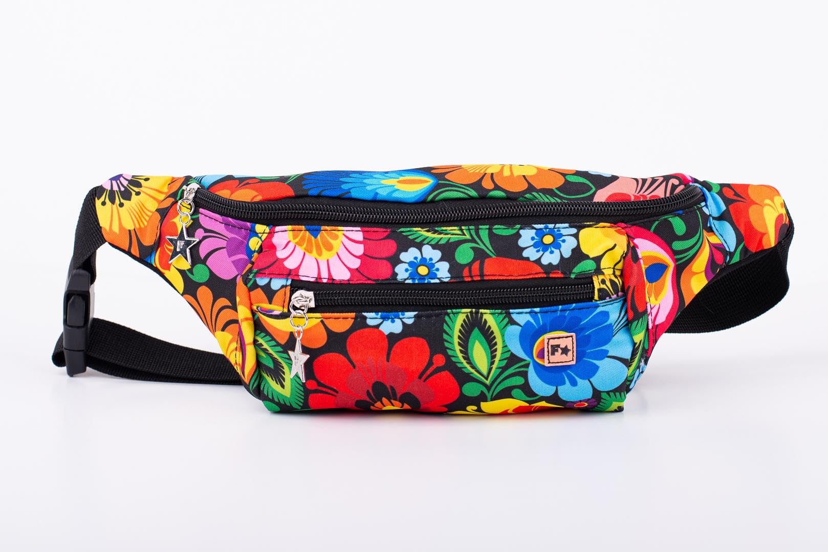 Torba nerka crossbody unisex z 2 kieszeniami na zamek błyskawiczny, kwiatowy wzór polski, pamiątka z Polski, Łowicz Czarny, One Size, Kwiatowy crossbody