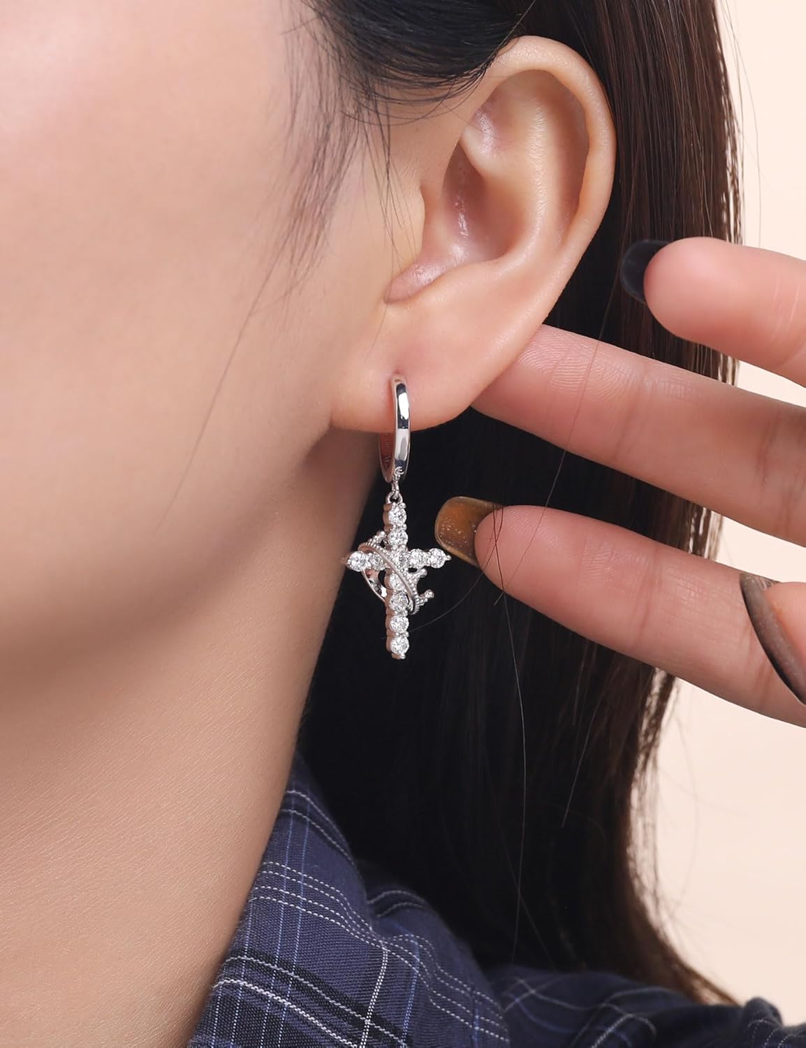 Moissanite Sterling Silver Cross Earrings for Women Huggie Drop Hypoallergenic Lightweight Earring Set - Image 5