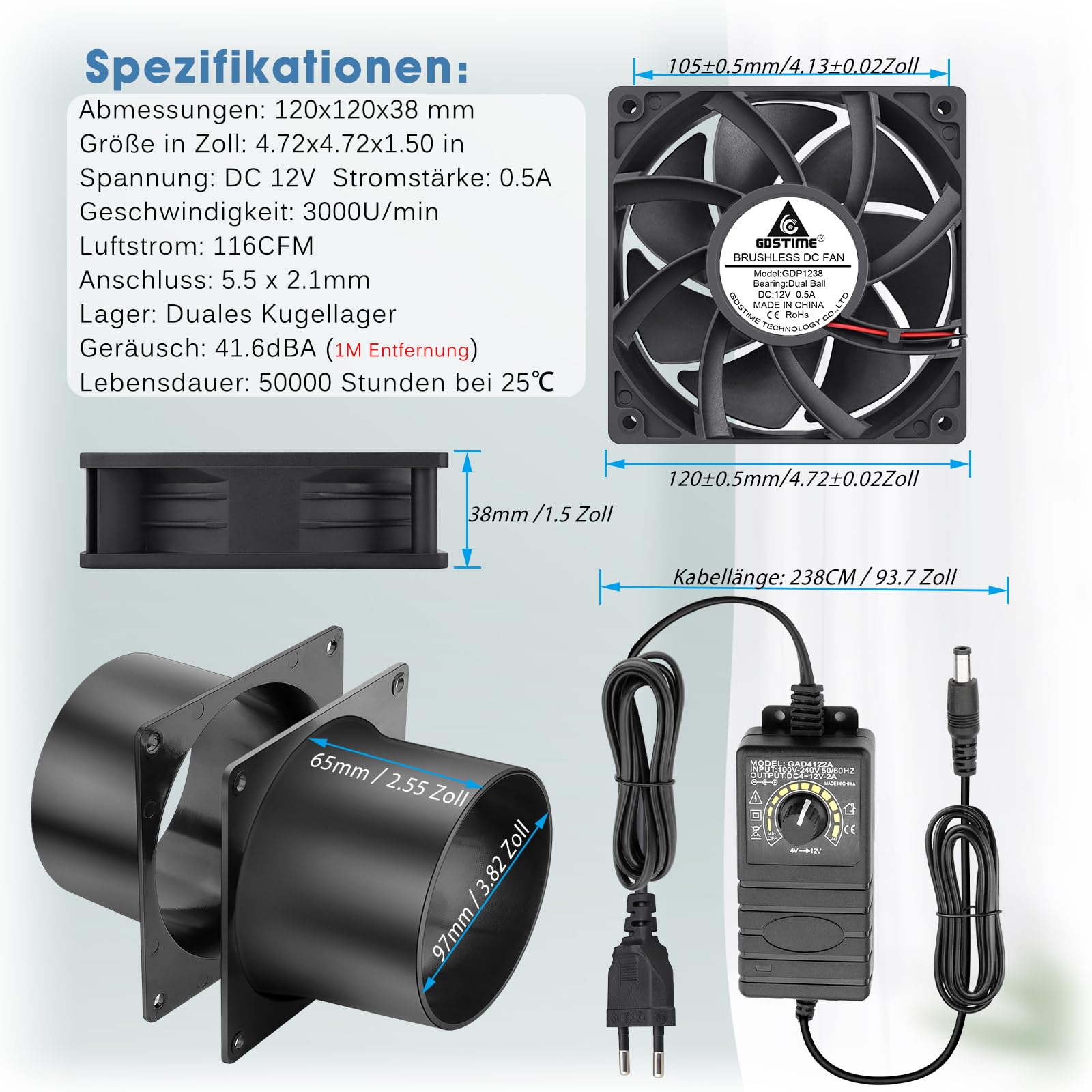 GDSTIME Rohrventilator 100mm 12V Abluftventilator 100mm Regelbar Rohrlüfter 3000U/MIN Kanalventilator mit DC 4V -12V Geschwindigkeit Kontrolle für 3D-Laser Growzelt Garage Gewächshaus