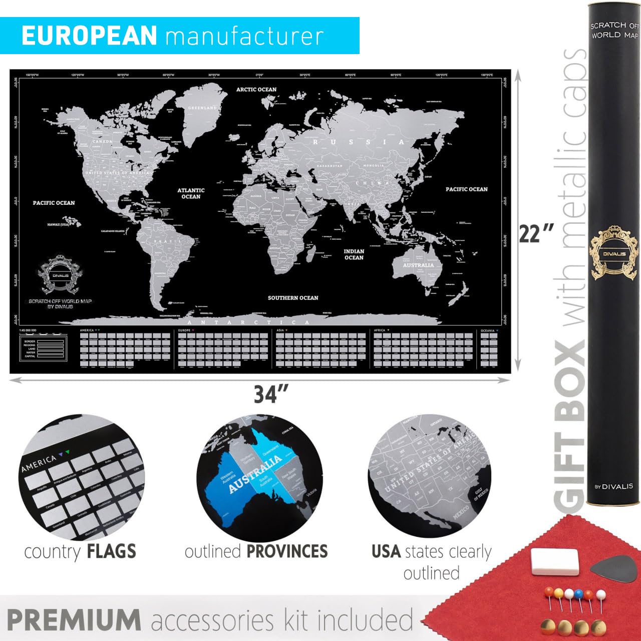 Mappa del Mondo da Grattare Extra Large Nero e Argento – XL Mappamondo da Grattabile – Idea Regalo per Chi Ama Viaggiare – Mappa da Scoprire – Set di Accessori Incluso – Scratch off World Map