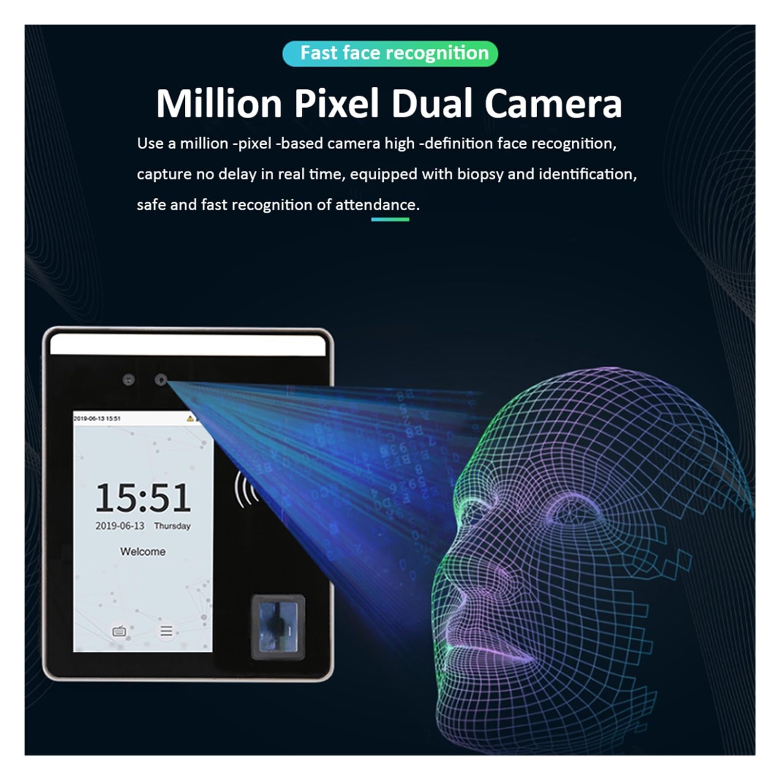Máquina de Fichaje, ZK SpeedFace-H5L Luz Visible Reconocimiento biométrico de Huellas Dactilares de Control de Acceso con Tarjeta RFID y Tiempo de Asistencia(Speedface-H5L-ID,English_Plug)