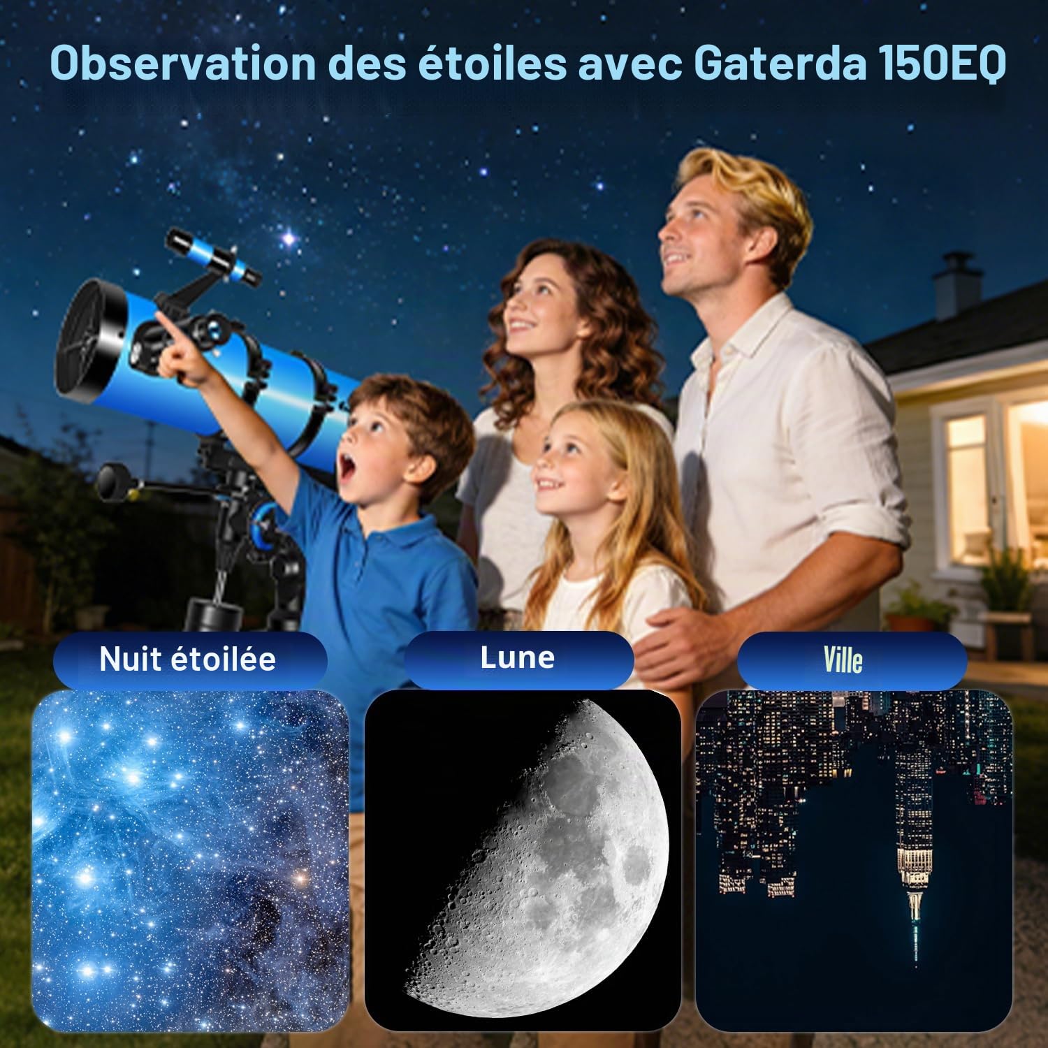 150EQ Télescope Astronomique, Professionnel Newton Réflecteur Télescope pour Adulte et Débutants avec Monture Équatoriale, Adaptateur Téléphone, Filtre Lunaire et Sac de Transport