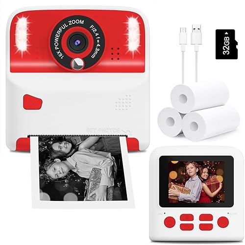 Kids Camera Instant Print, Christmas Birthday for 3-12 Year Old Girls Boys, Children Digital Camera for Print Black White Photo, Creative Exploration Ideal Teenage Toddler Toys Camera with 32GB Card