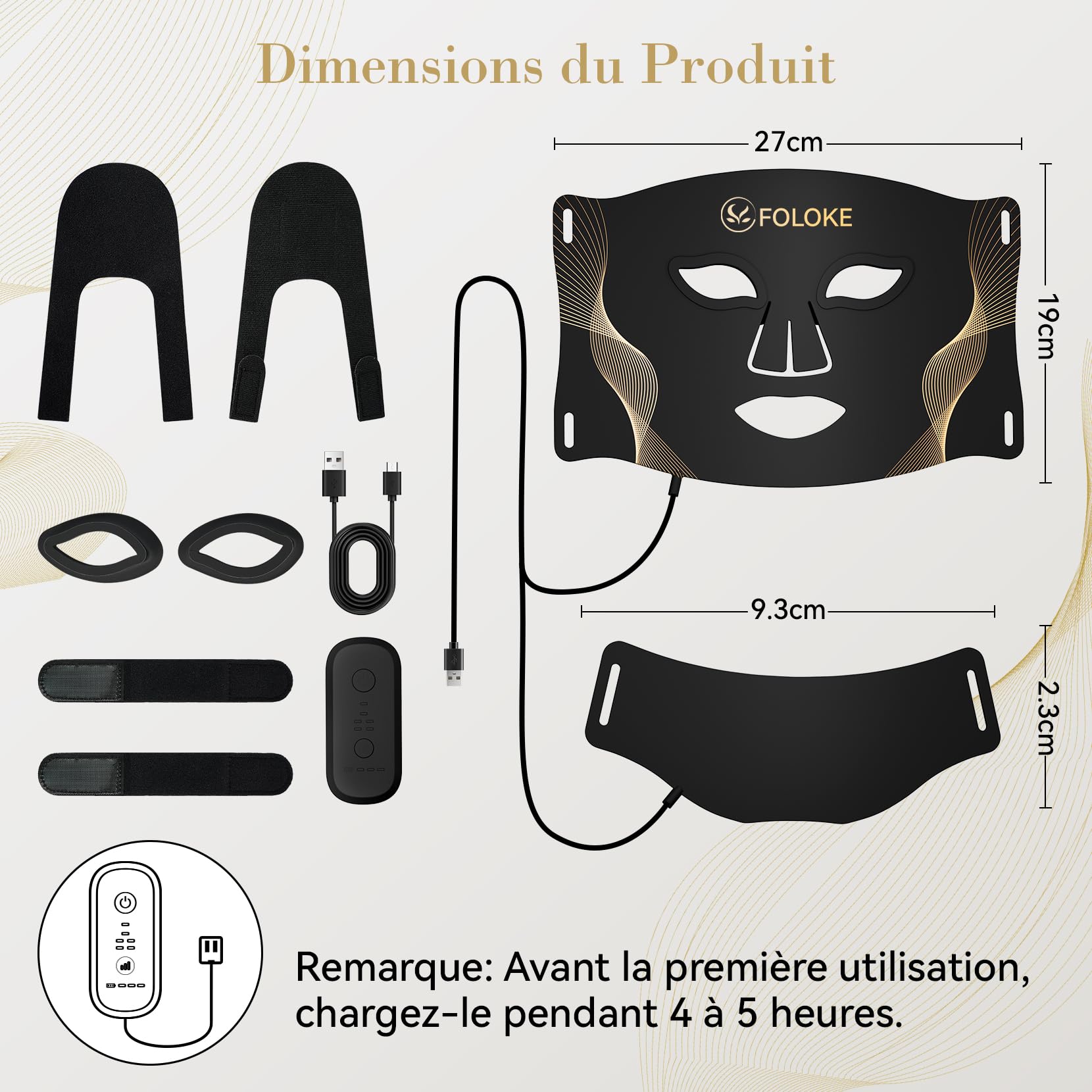FOLOKE Masque LED de Luminothérapie Visage et Cou, LED à Lumière Rouge et Infrarouge, Masque Facial LED pour Soin du Visage à Domicile (Noir)