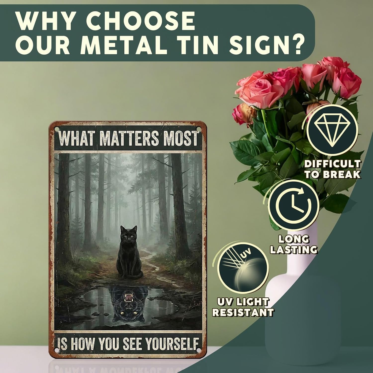 PEACHGARDEN Inspirational Black Cat Metal Sign What Matters Most Is How You See Yourself Panther Reflection Wall Decor Motivational Art 8x12 inch image 3