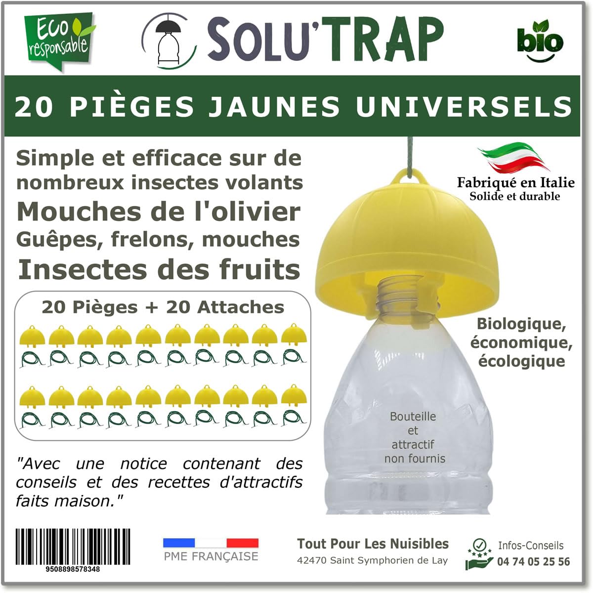 SOLUTRAP - 20 Pièges universels Jaunes - Ecologique et économique - Mouches - Guêpes - Frelons - Mouche de l'olivier