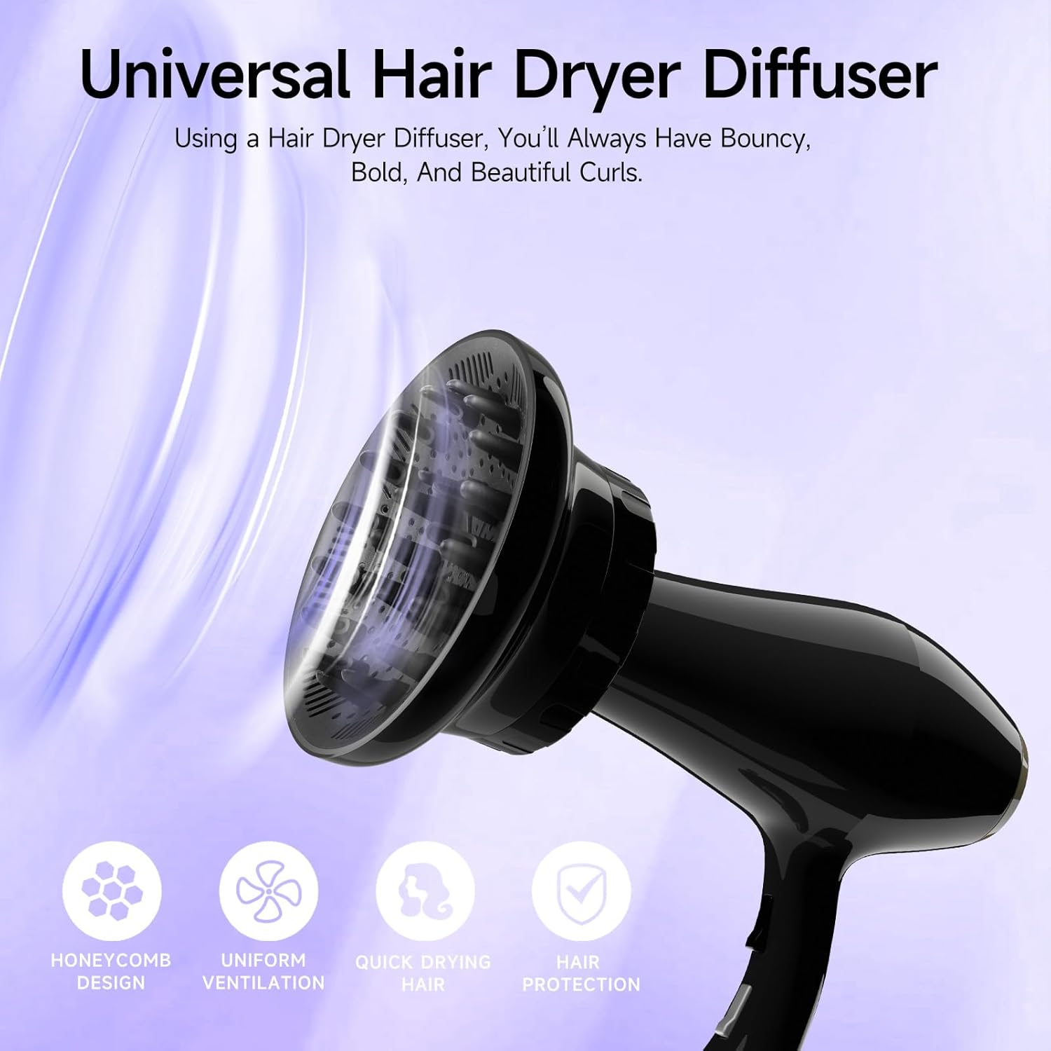 Hair Diffuser, Diffuser Attachment for Hair Dryer, Universal Fit for 1.4-2.6" Blow Dryers, Suitable for Long Thick Curly or Wavy Hair, Women's Hair Attachment, Black