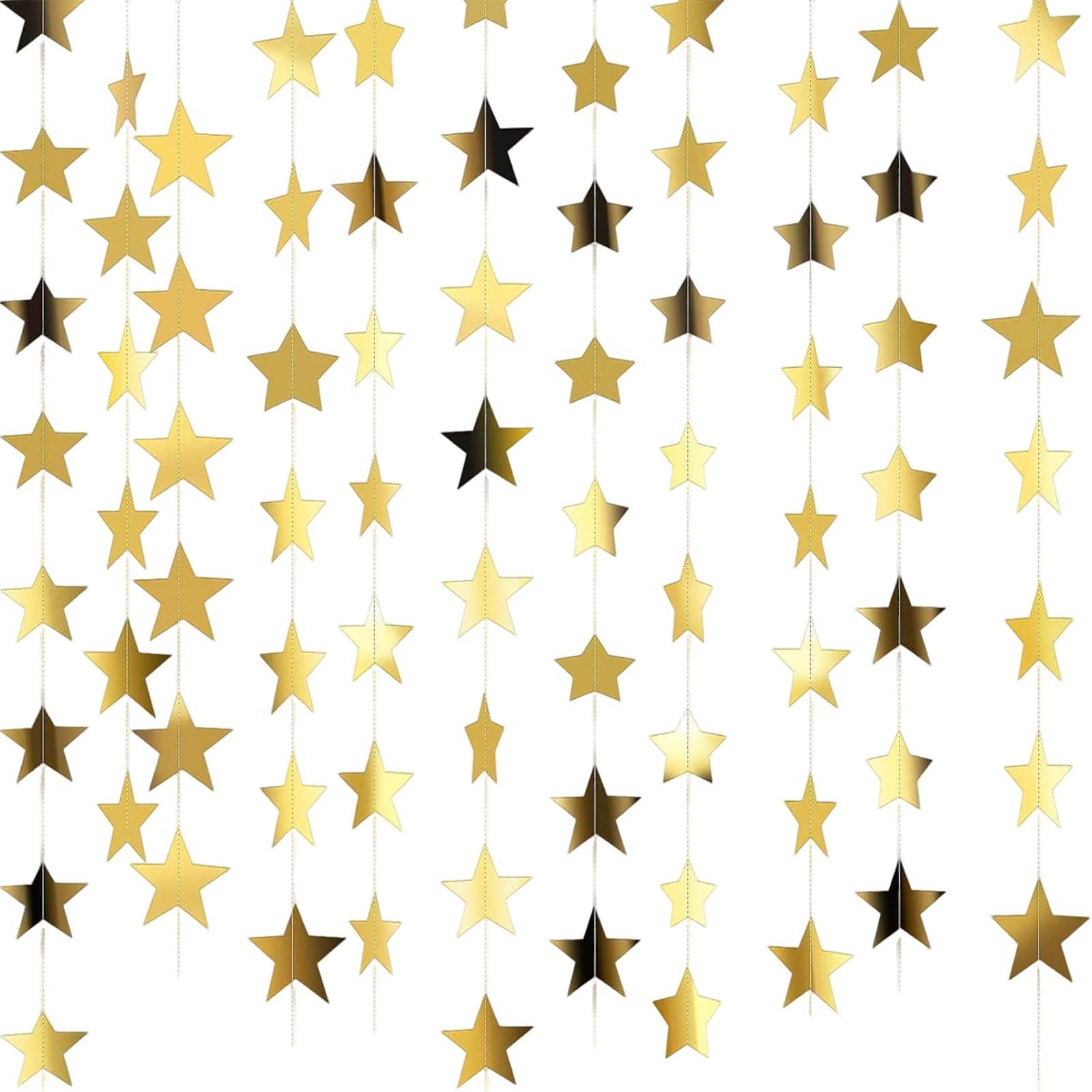 Star Garland, Gold Star Garland with 33 Reflective Stars, 52 Feet Hanging Stars Decorations for Party Wedding, Home Decor