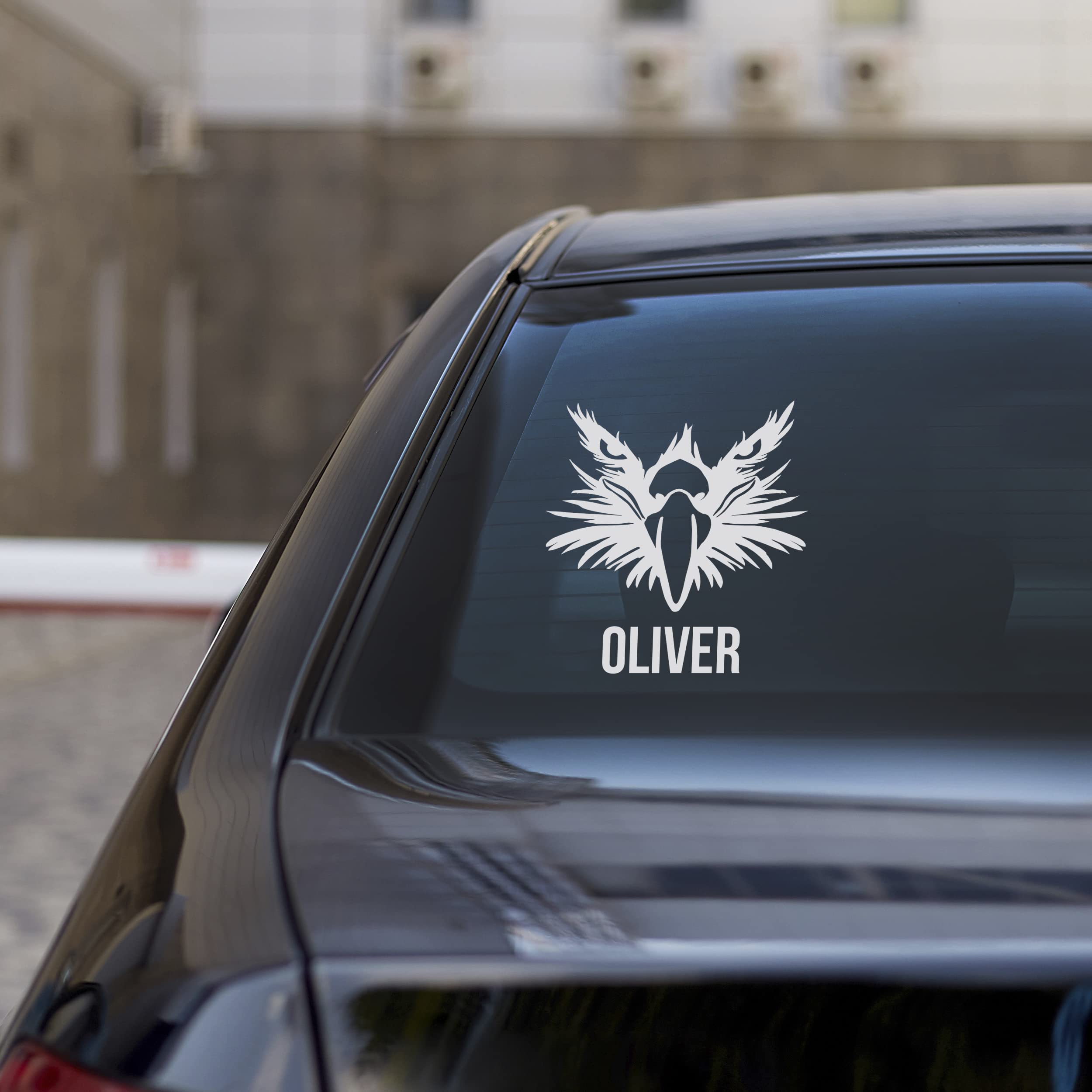 Unique Car Decal with Huge Eagle with Serious Eyes and Customizable Name - Personalized Stickers for Cars Vans Trucks Laptops - Custom Stickers in Different Sizes