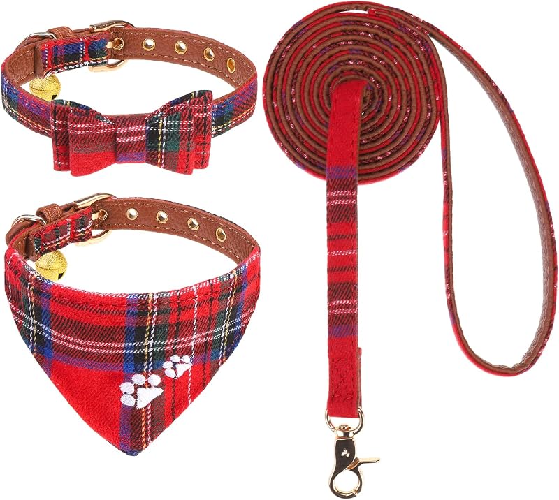 Coleira para Cães e Gatos com Guia, Laço, Bandana Xadrez e Sino EXPAWLORER para Pequenos Animais