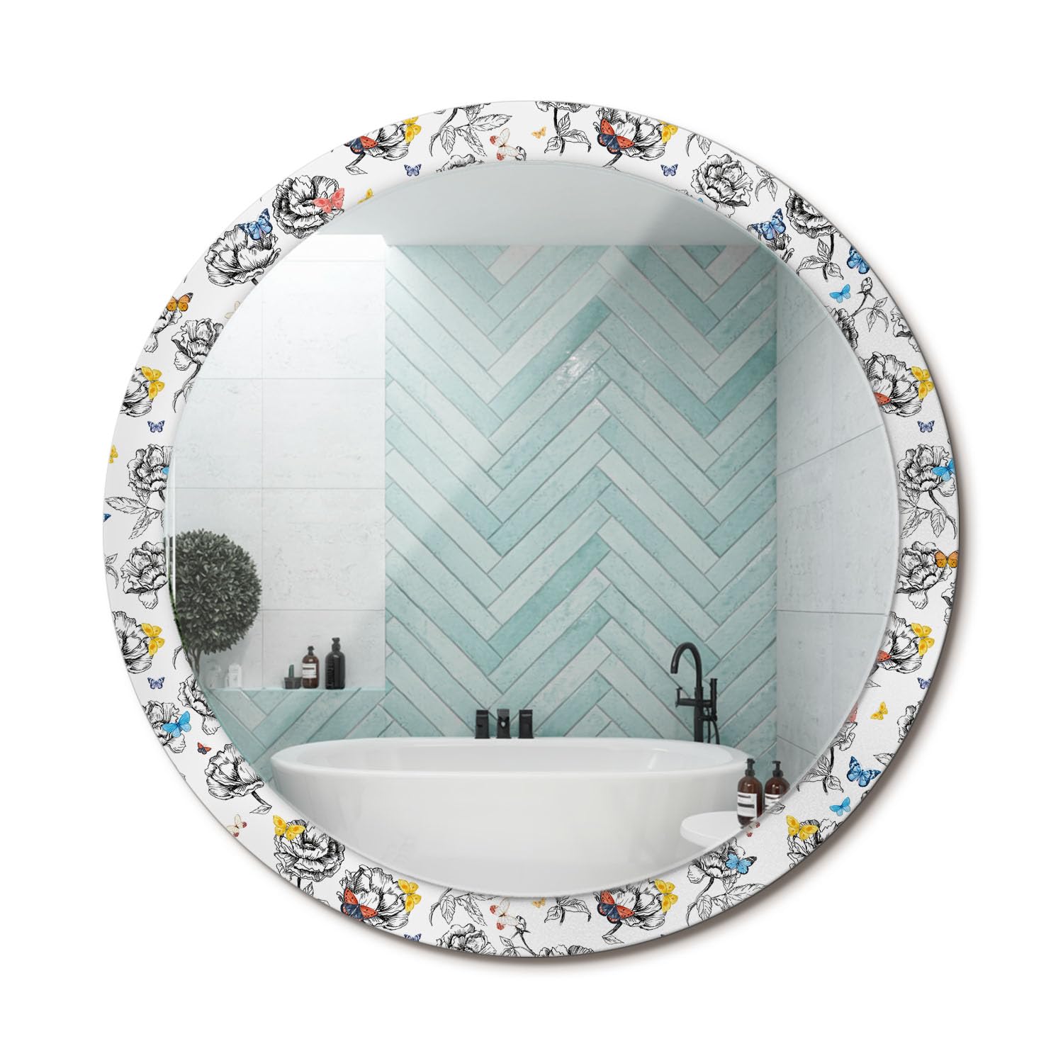 Miroir rond cadre graphique papillons pour décorer un grand mur