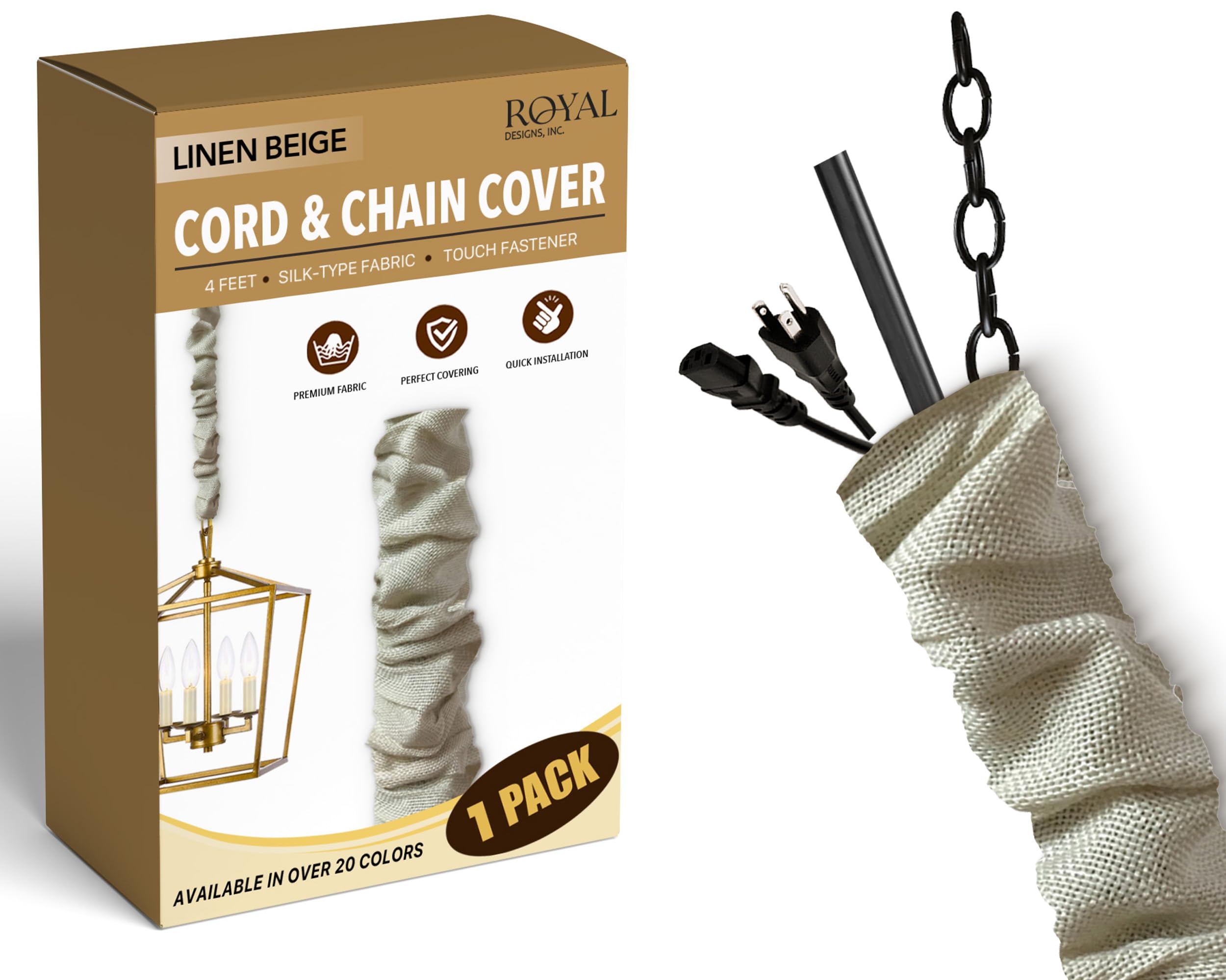 Royal Designs, Inc. CC-1-LB Beige Cord &amp; Chain Cover 4' Linen Fabric Touch Fastener, Linen Beige